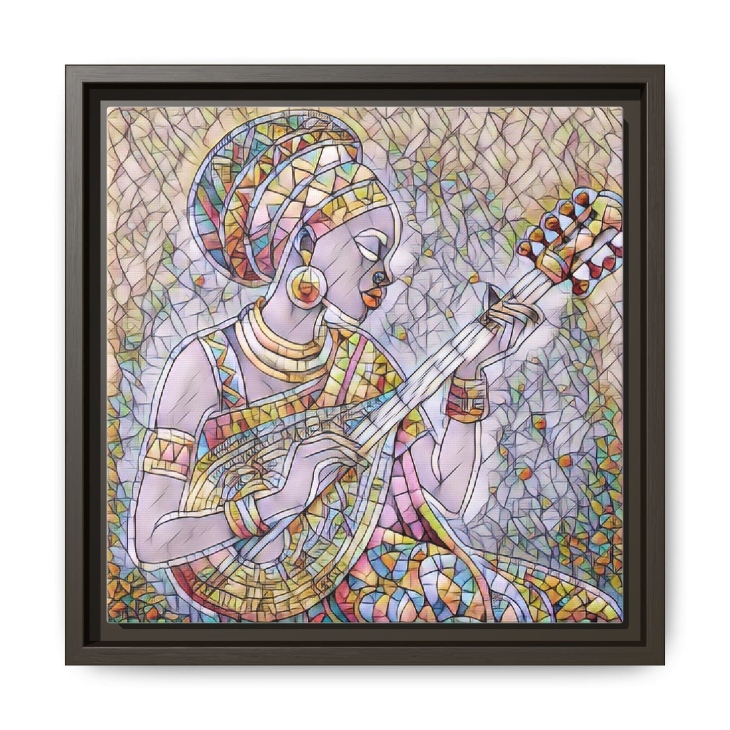 Framed Canvas Art — Colorful African Woman Playing Lute (Matte Multi‑Color)