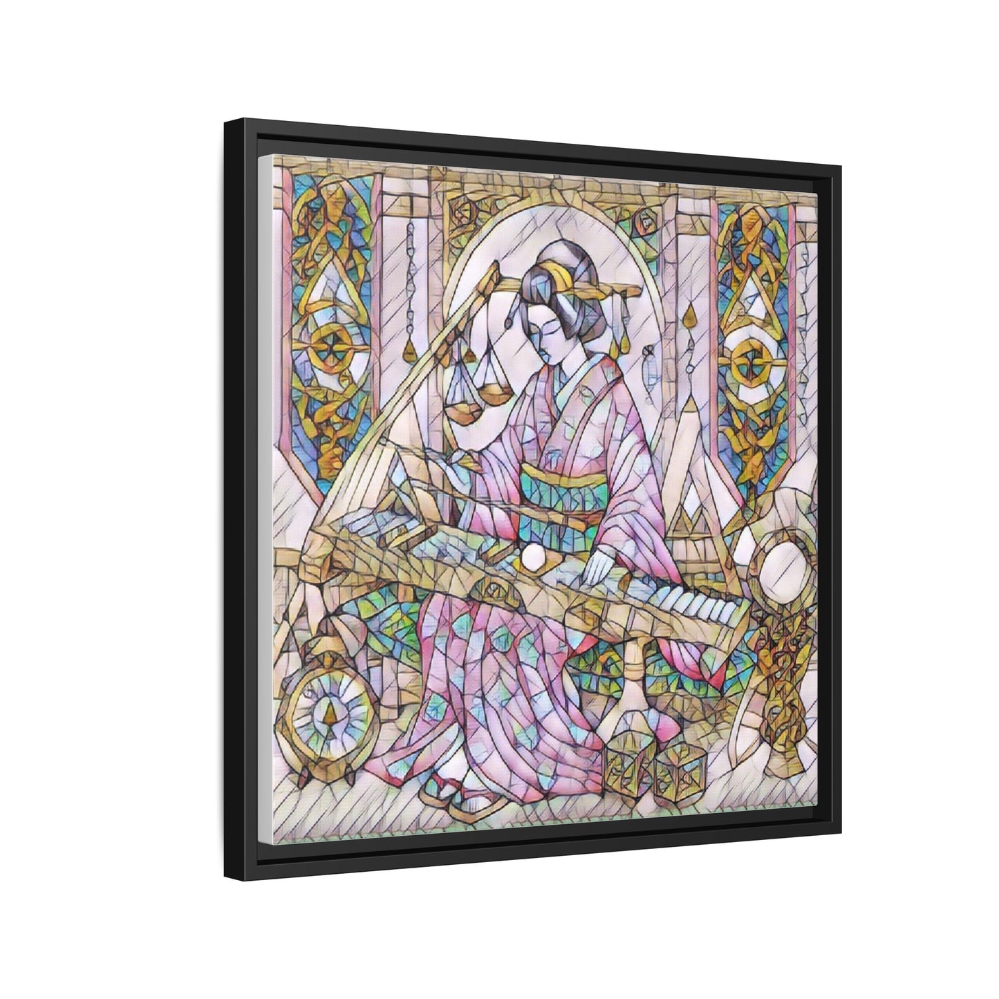 Framed Matte Canvas — Geisha Harp Stained-Glass Art Print