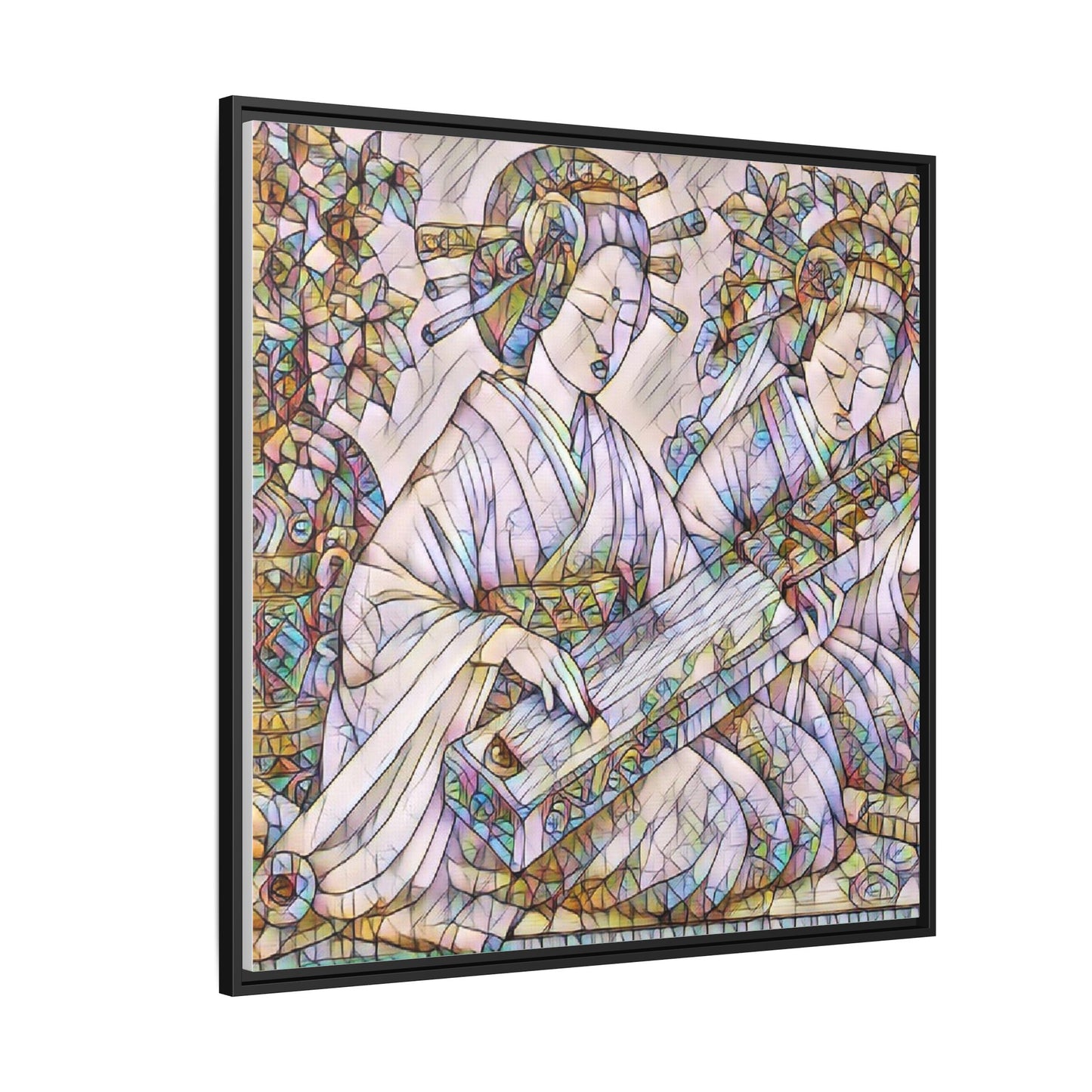 Framed Matte Canvas Print — Stained-Glass Geisha Duo