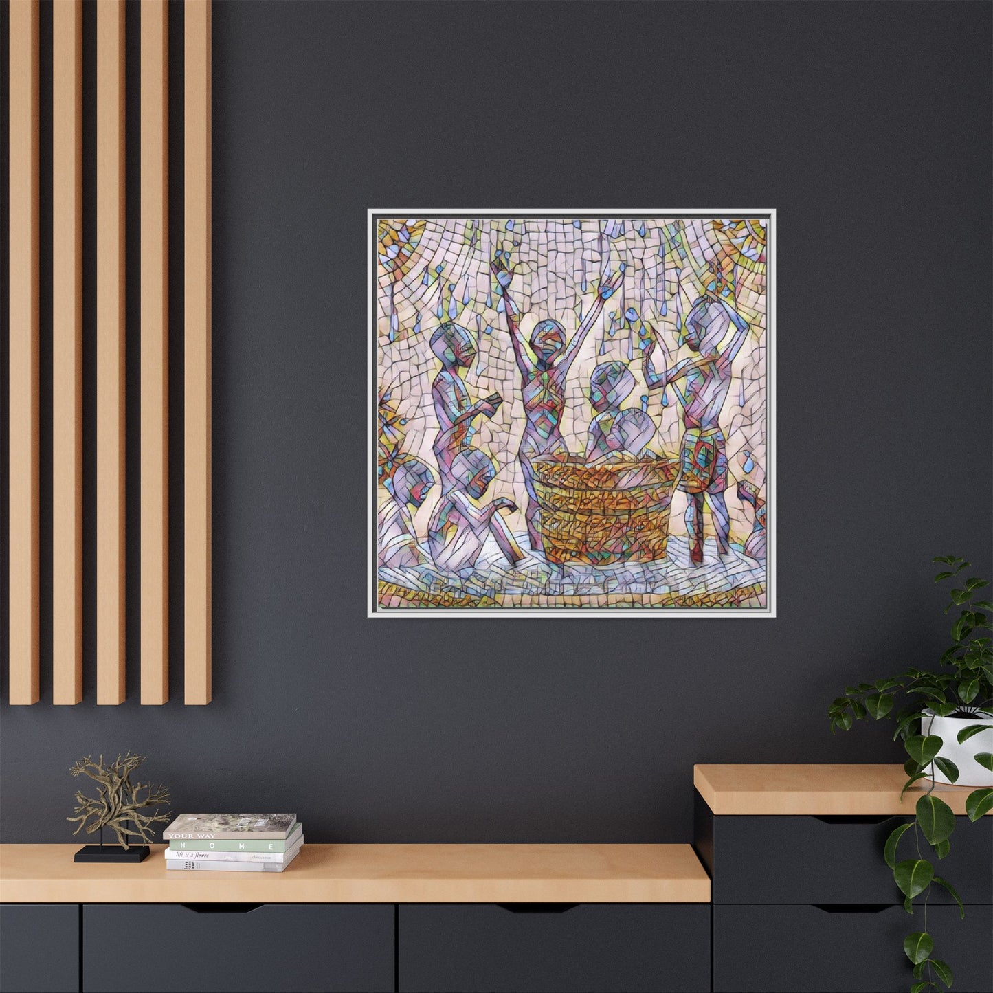 Framed Matte Canvas Art — Children Playing Mosaic Illustration