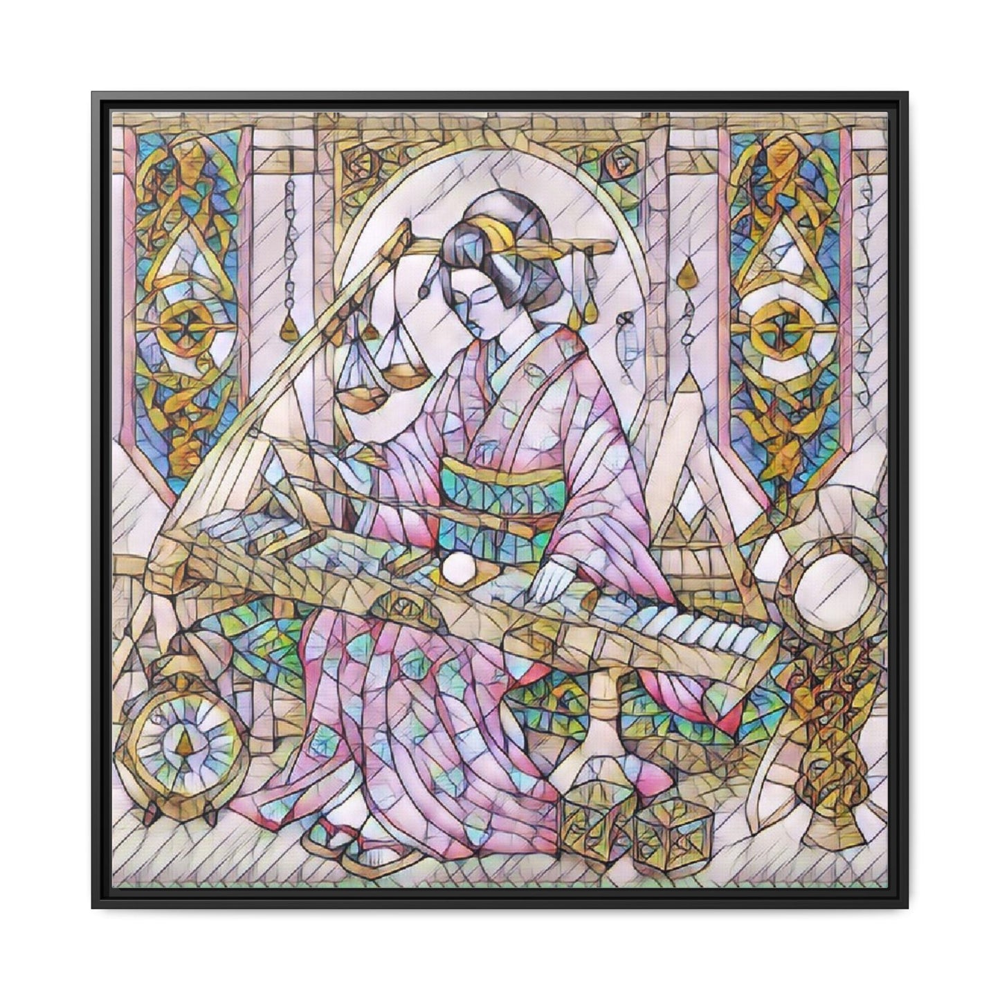 Framed Matte Canvas — Geisha Harp Stained-Glass Art Print