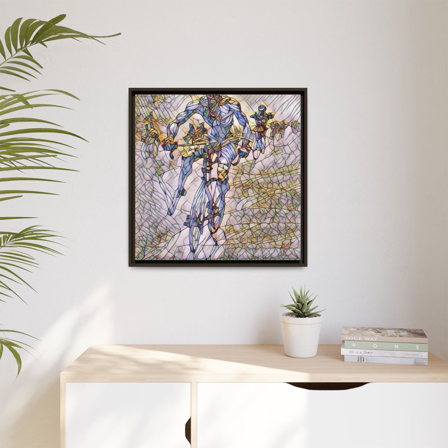 Abstract Cyclist Matte Canvas Framed Art — Colorful Stained-Glass Bike Print