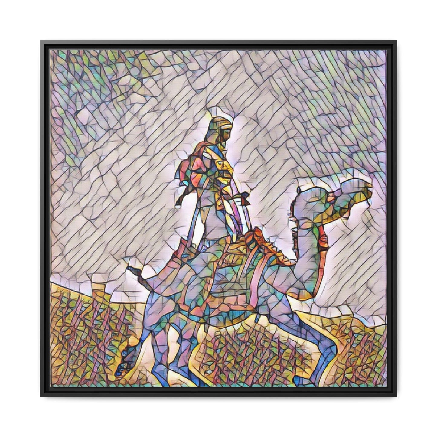 Framed Camel Rider Matte Canvas Art — Colorful Mosaic Desert Wall Decor