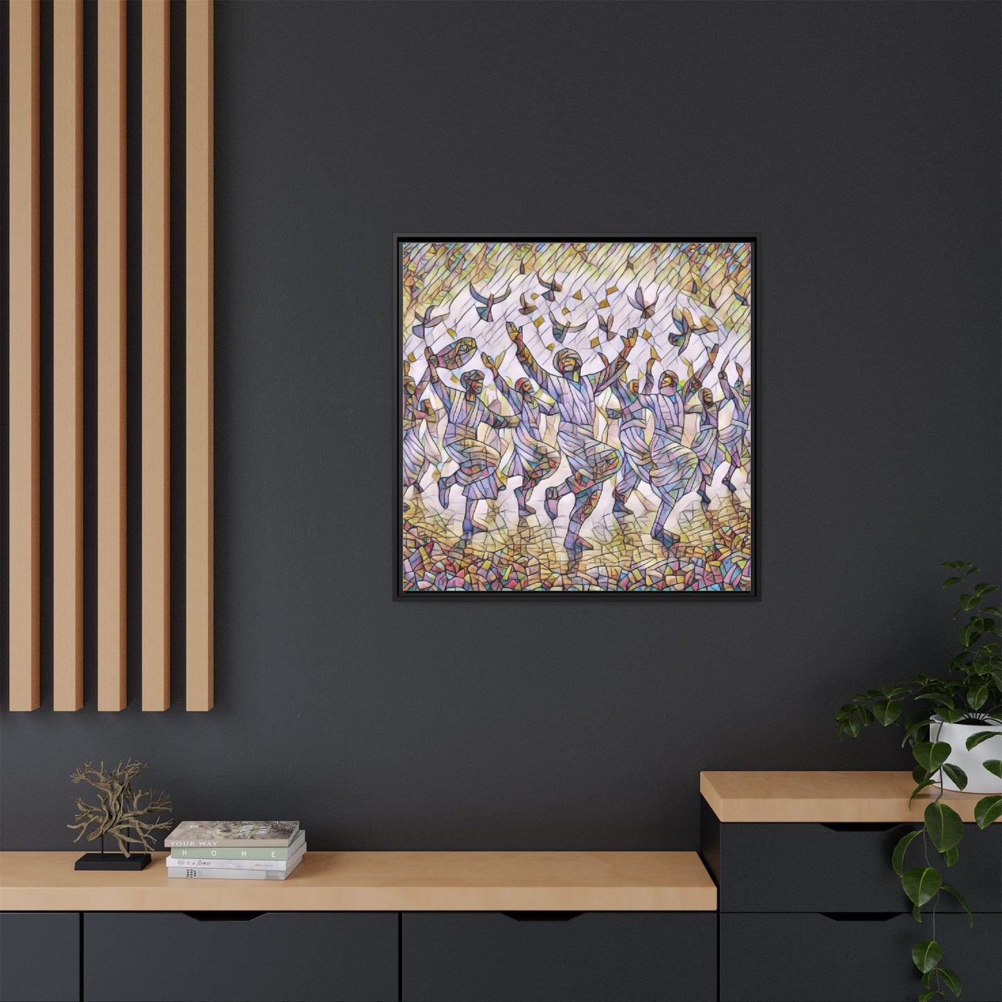 Framed Canvas Art - Joyful Dancers with Doves (Multicolor)
