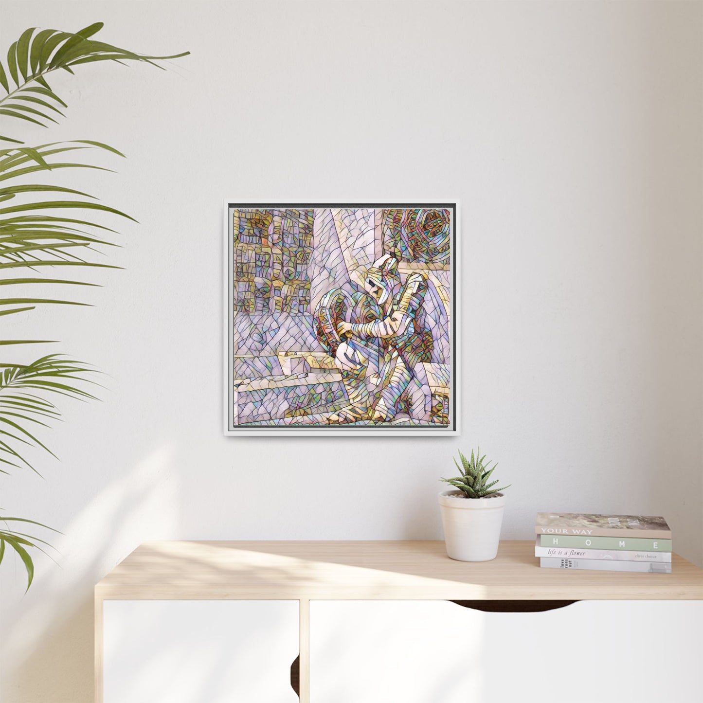 Framed Matte Canvas Art — Colorful Stained-Glass Astronaut Embrace