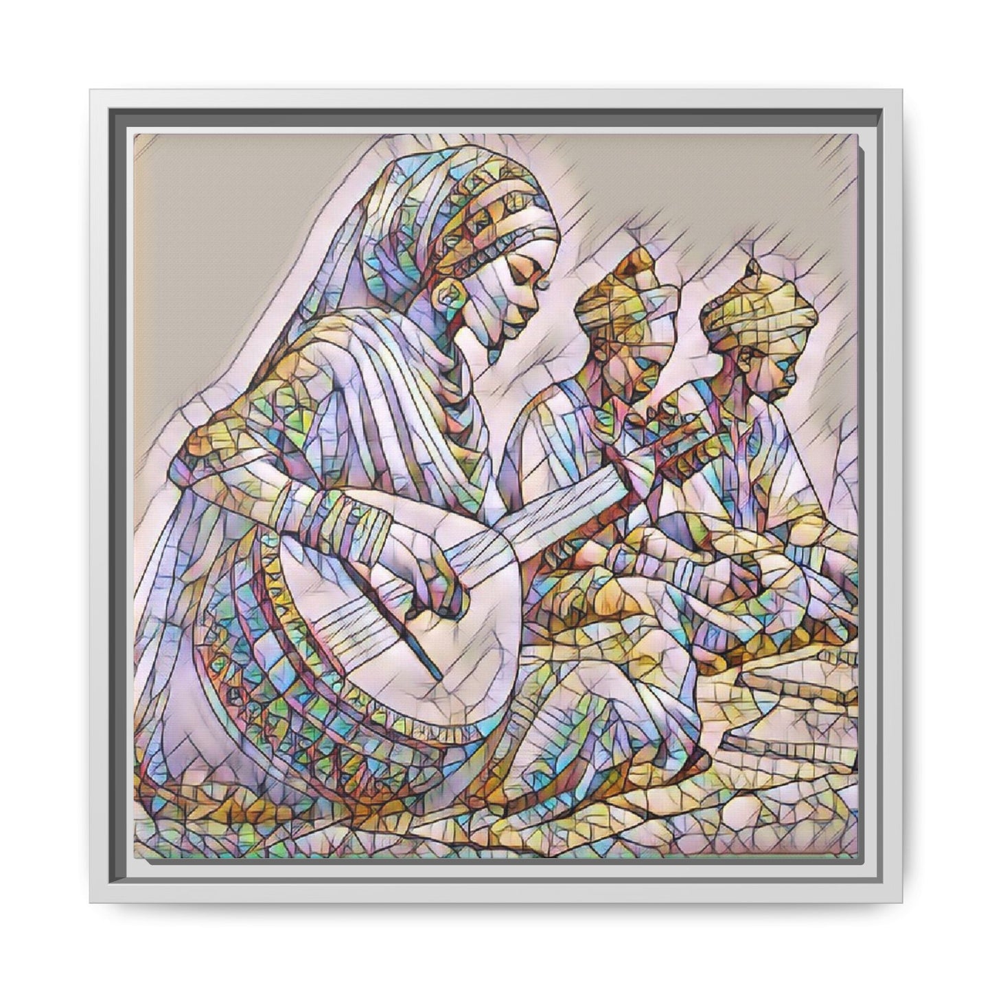 Framed Matte Canvas: Colorful Moroccan Musicians Wall Art