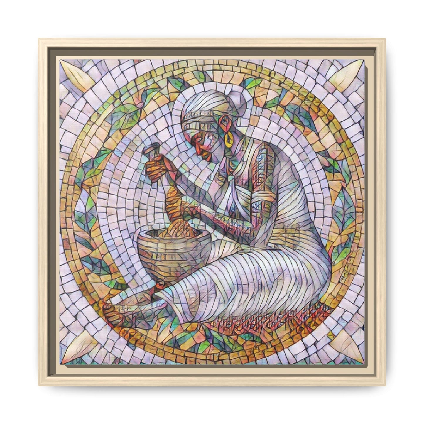 Framed Mosaic Art Print — Woman Grinding Grain (Matte Canvas)