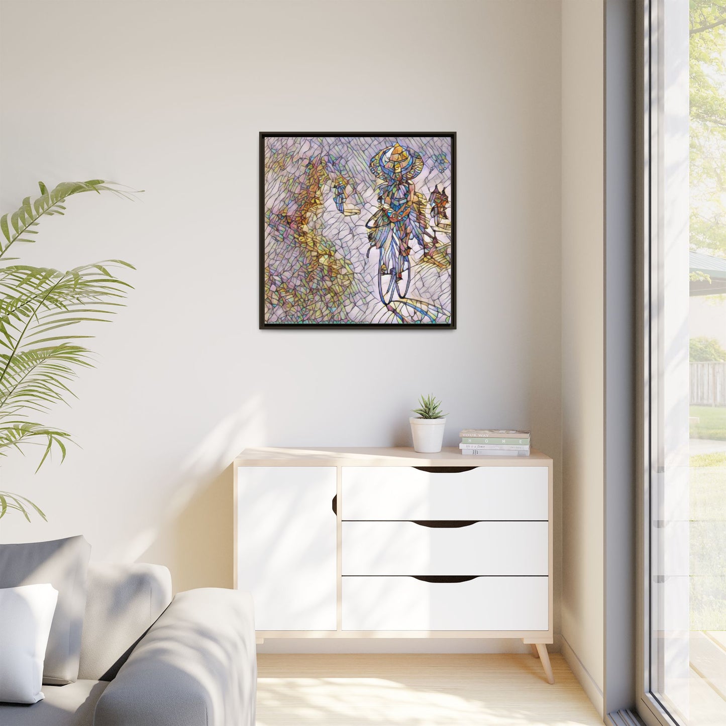 Abstract Cyclist Stained-Glass Art Print — Framed Matte Canvas
