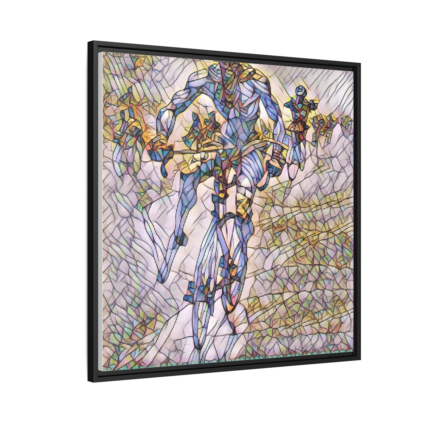 Abstract Cyclist Matte Canvas Framed Art — Colorful Stained-Glass Bike Print