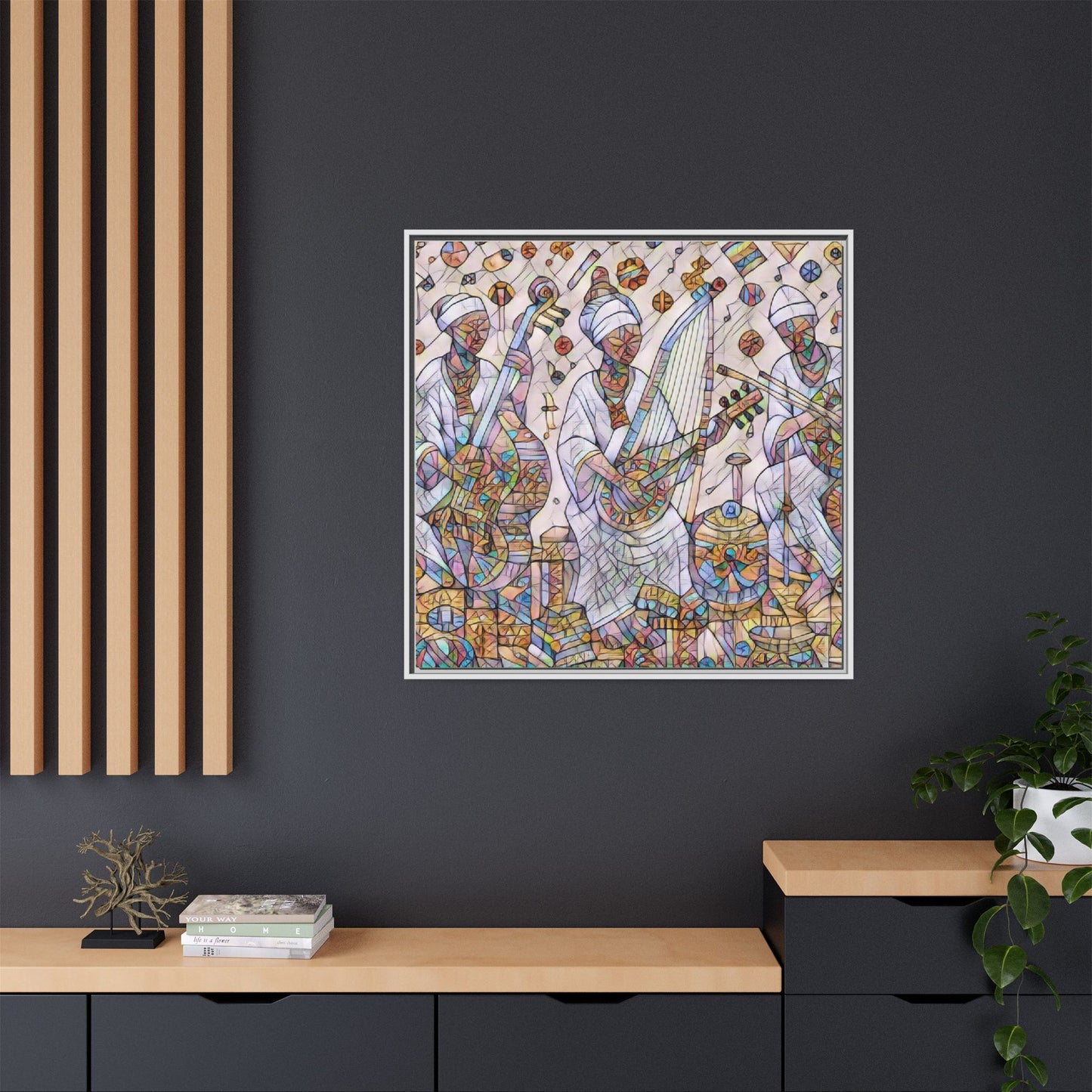 Framed Matte Canvas Print — Colorful African Musicians Stained-Glass Art