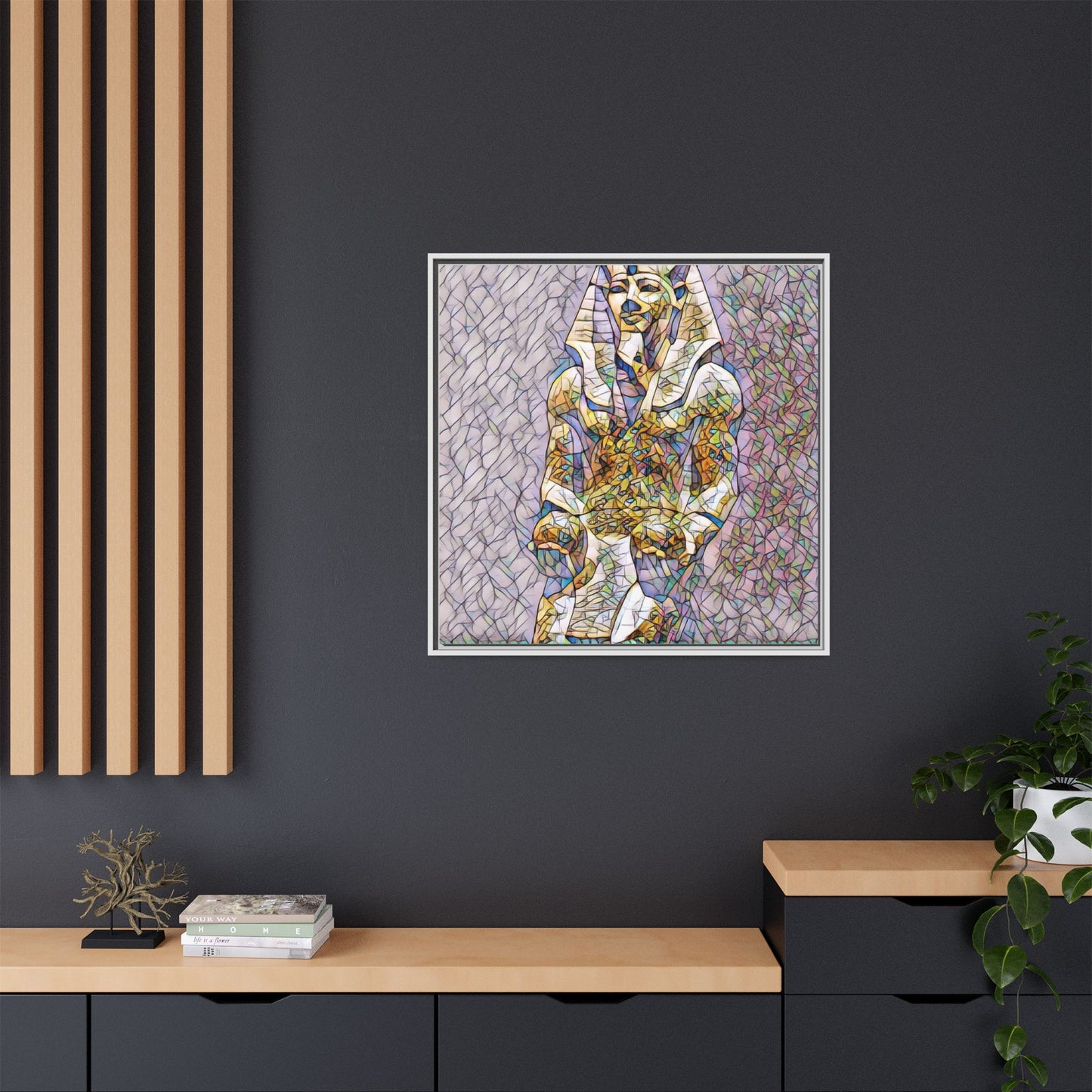 Framed Abstract Pharaoh Matte Canvas Wall Art — Multicolor Egyptian Statue Print