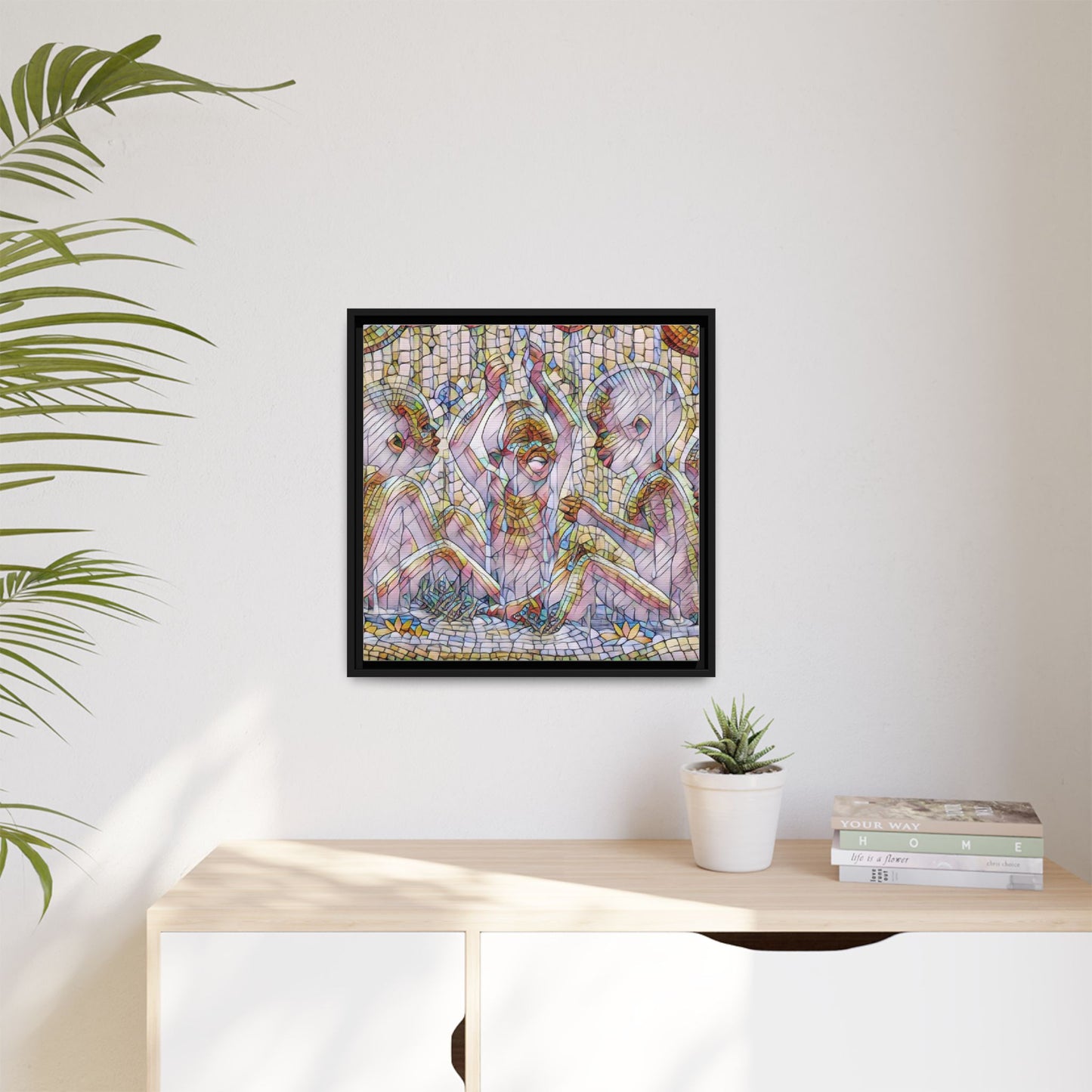 Framed Matte Canvas Art — Mosaic Children Playing (Multicolor)