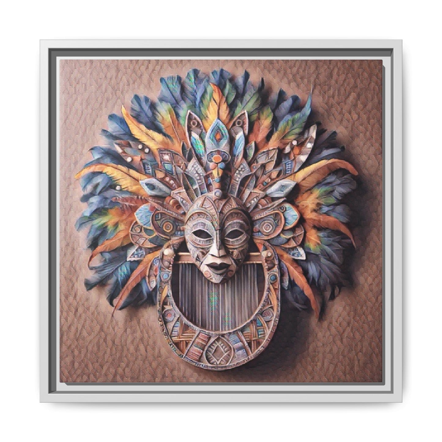Tribal Feather Mask Framed Canvas Wall Art — Colorful Boho Decorative Print
