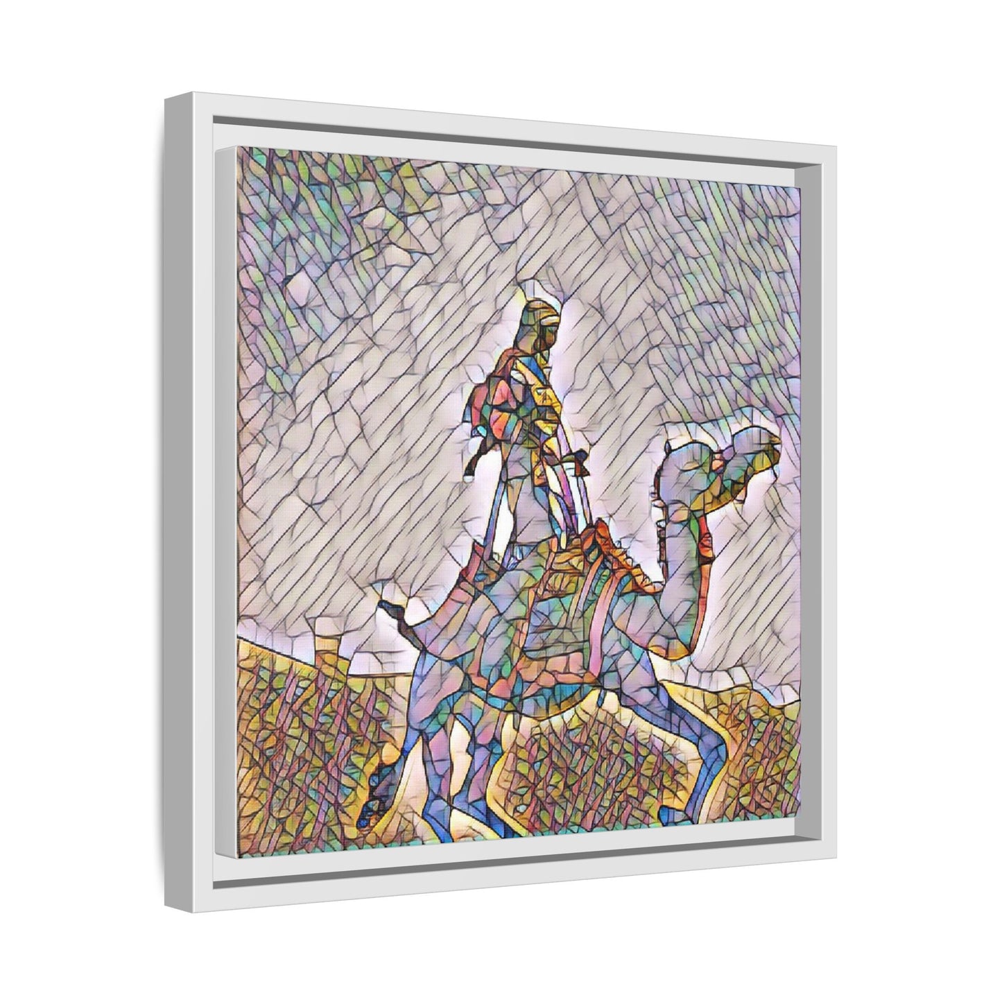 Framed Camel Rider Matte Canvas Art — Colorful Mosaic Desert Wall Decor