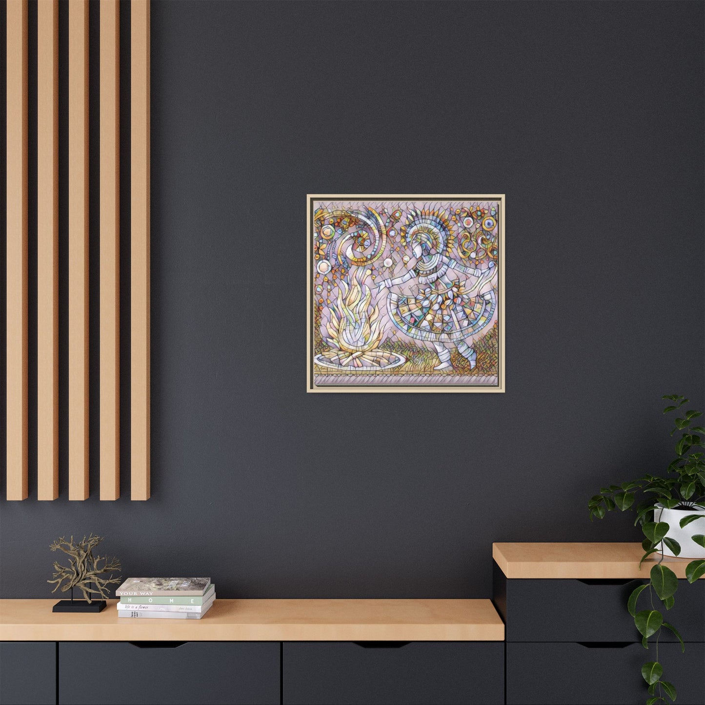 Bohemian Fire Dancer Framed Canvas Art — Colorful Folk Mosaic Wall Decor