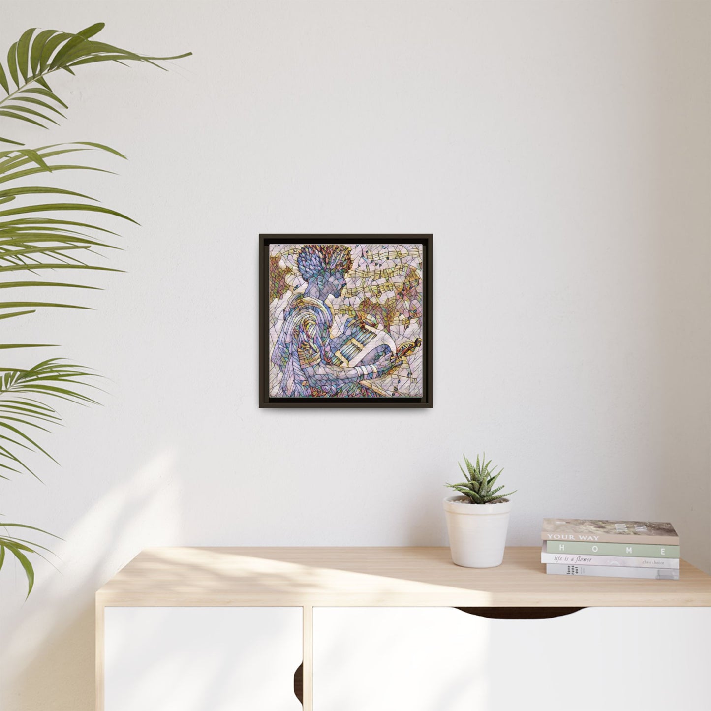 Abstract Jazz Musician Framed Canvas Art — Colorful Stained-Glass Style Wall Decor