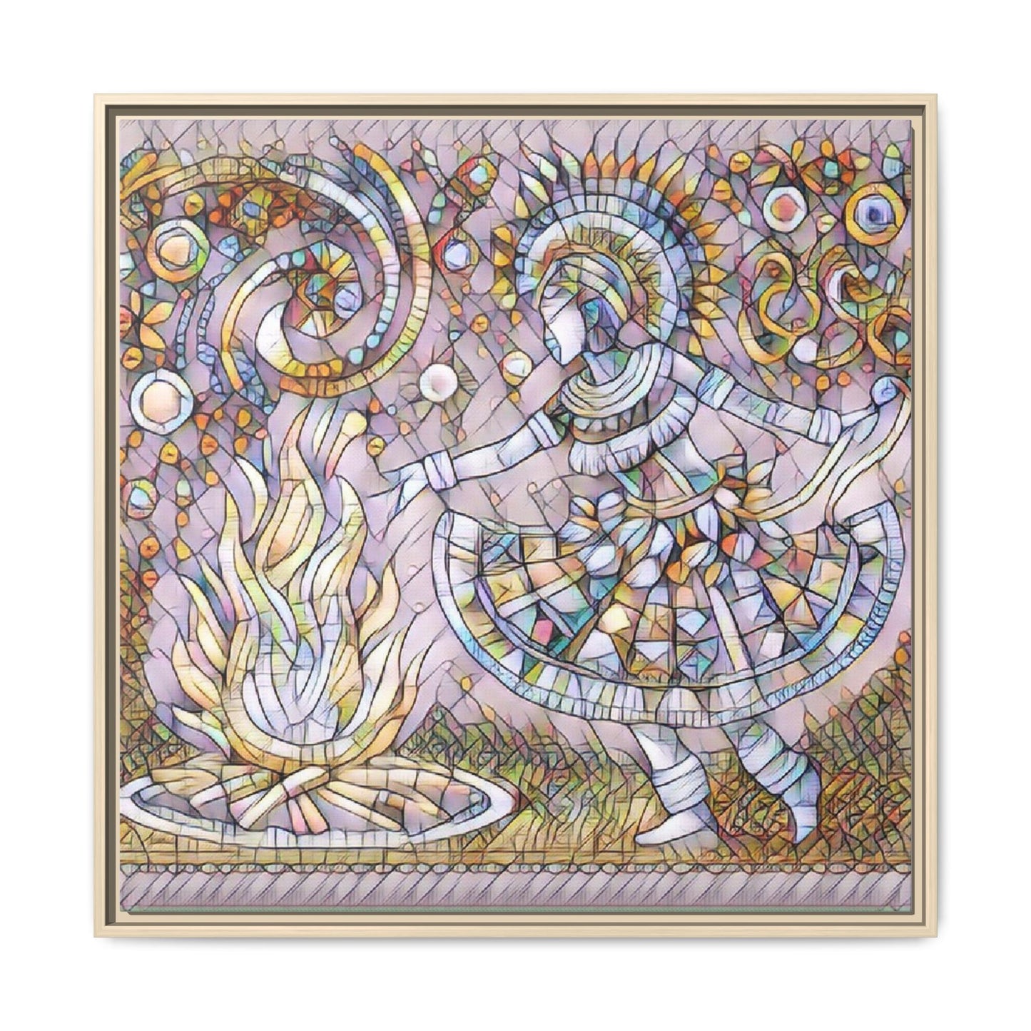 Bohemian Fire Dancer Framed Canvas Art — Colorful Folk Mosaic Wall Decor
