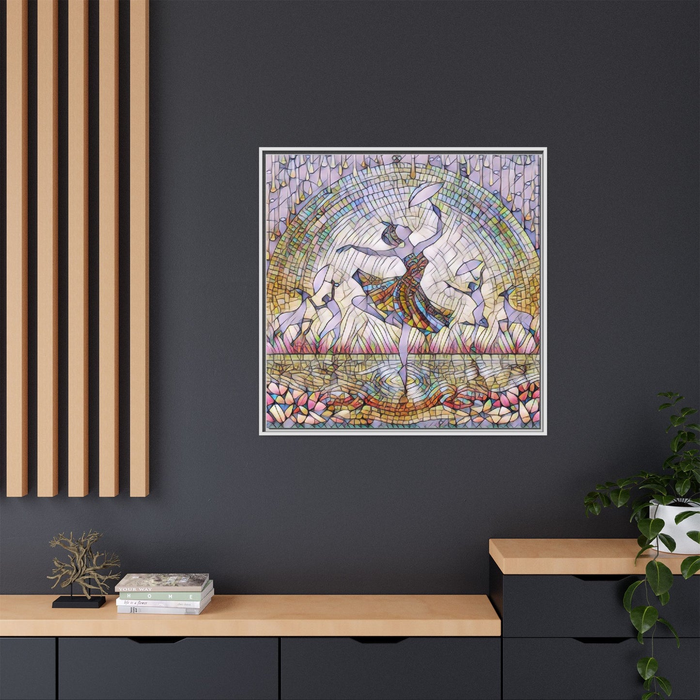 Stained Glass Ballerina Framed Canvas Art — Dancer Mosaic Wall Decor