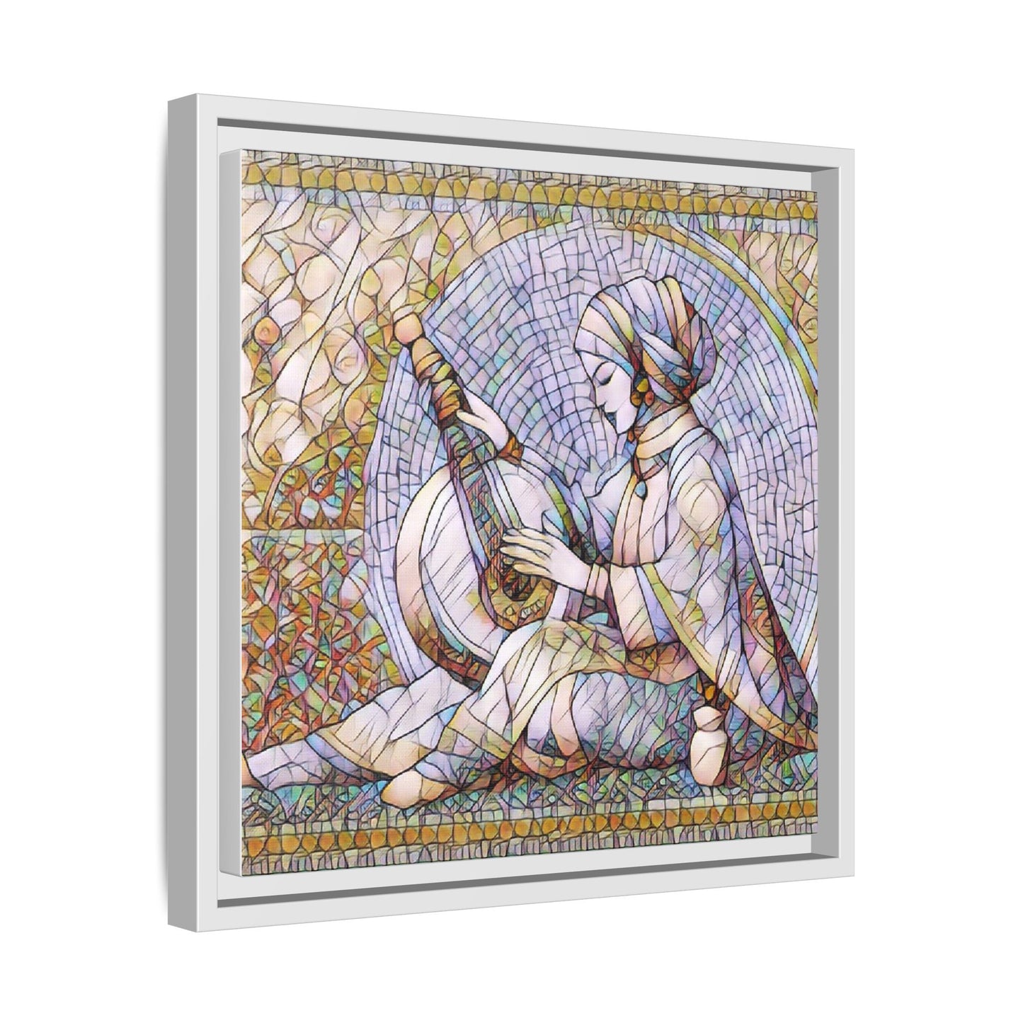 Framed Matte Canvas: Mosaic Lute Player Wall Art — Bohemian Musical Portrait