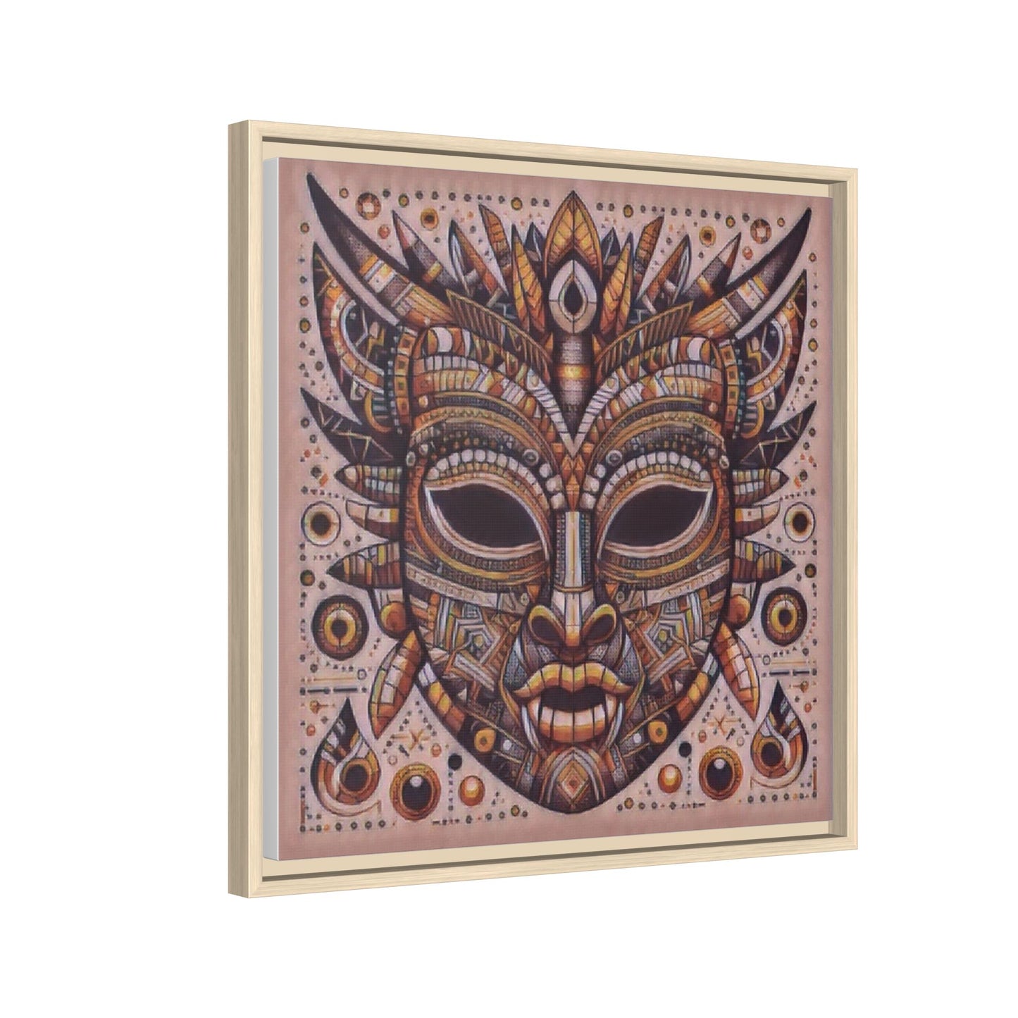 Tribal Mask Framed Canvas Art — Multicolor Matte Wall Decor