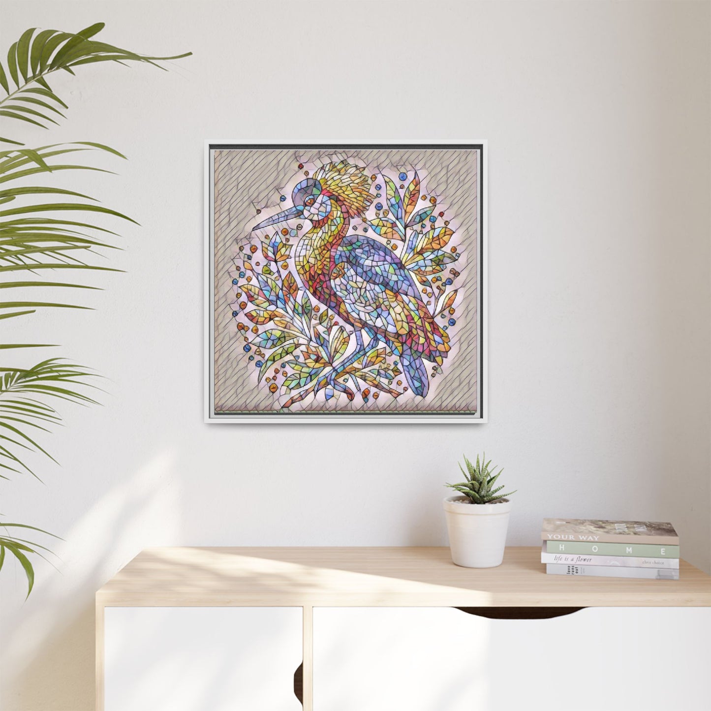 Colorful Stained-Glass Heron — Framed Matte Canvas Wall Art