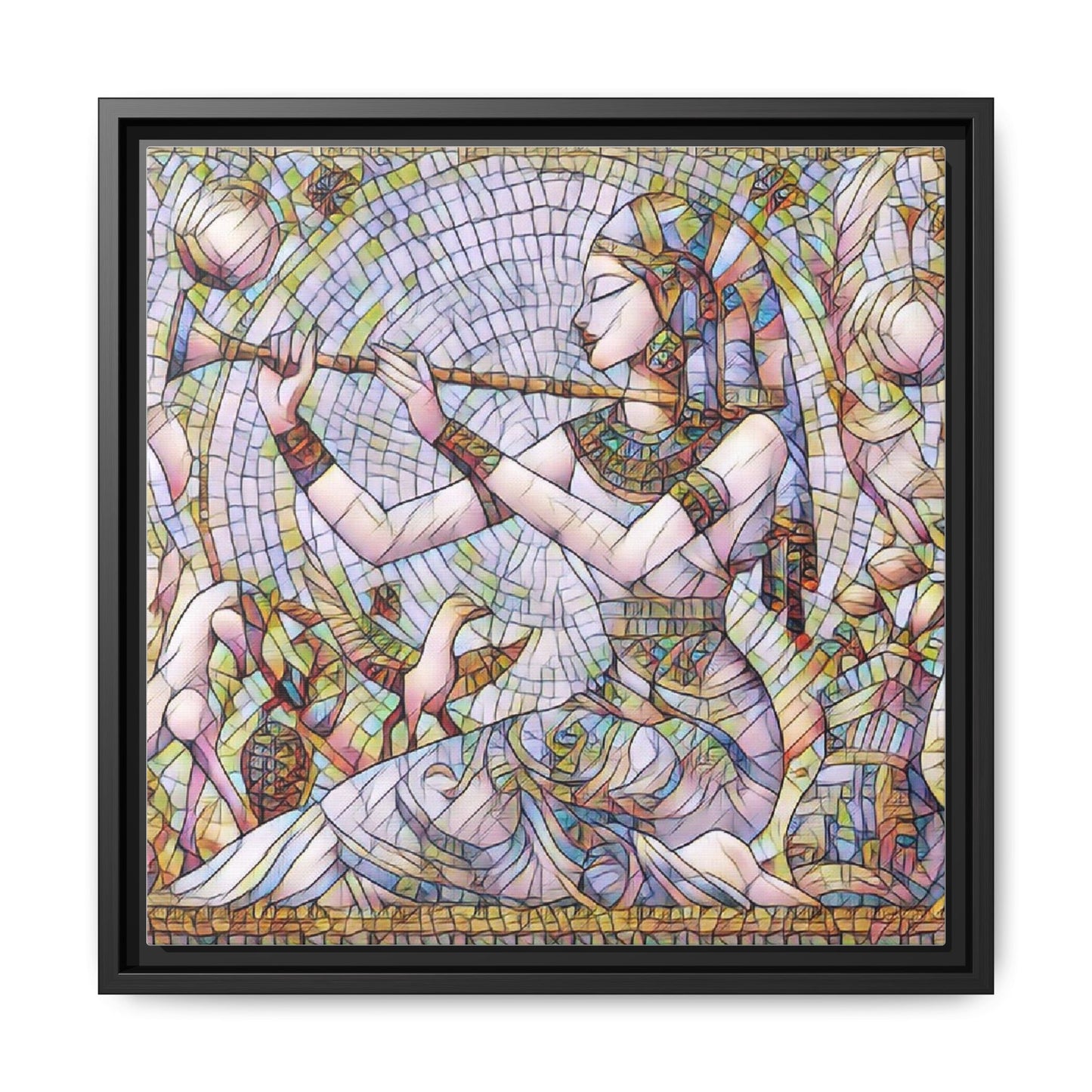 Egyptian Flute Player Framed Canvas Art — Colorful Mosaic Wall Decor