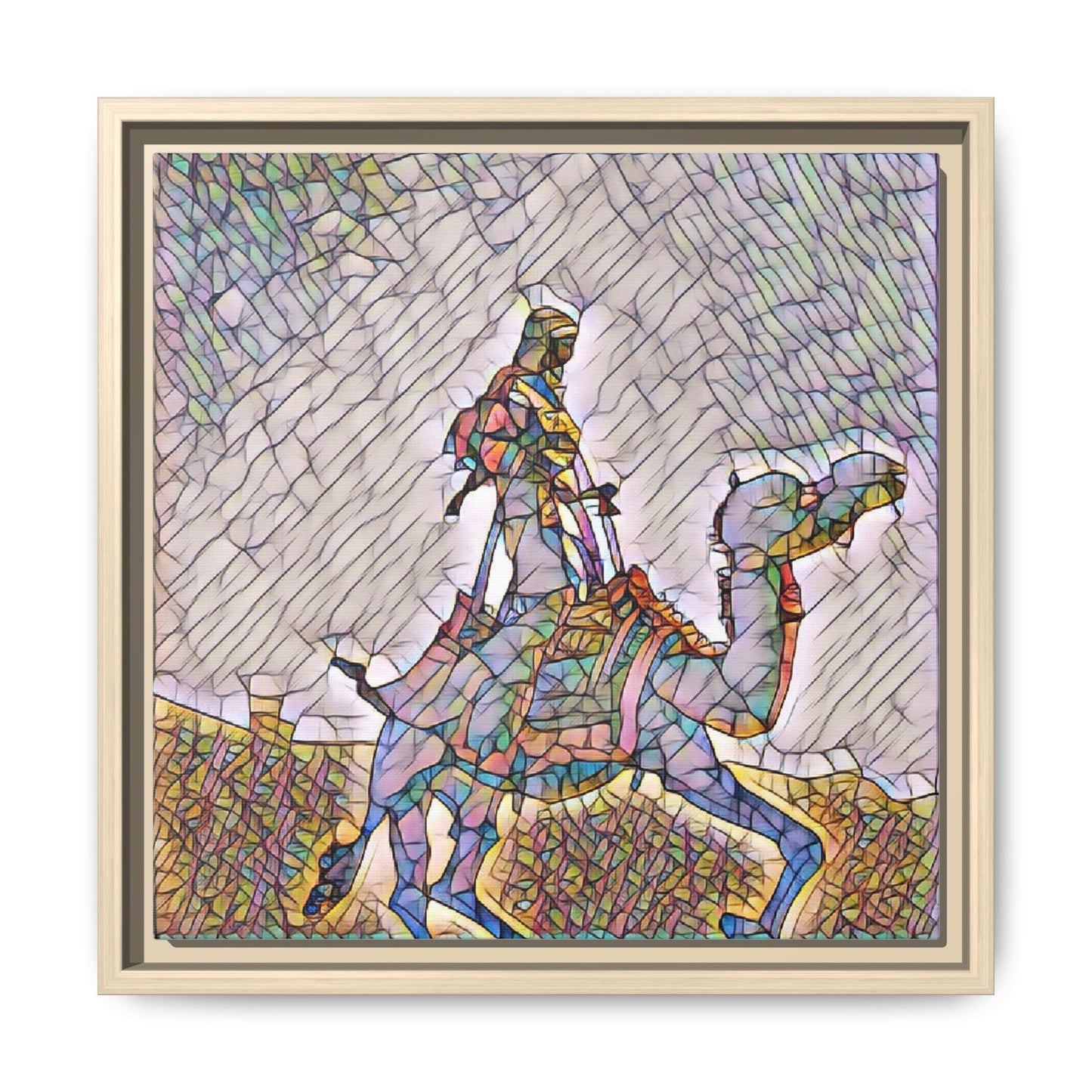 Framed Camel Rider Matte Canvas Art — Colorful Mosaic Desert Wall Decor