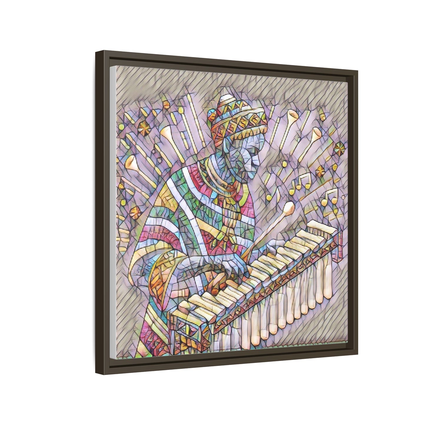 Colorful Marimba Musician Matte Framed Canvas — Vibrant African Instrument Wall Art