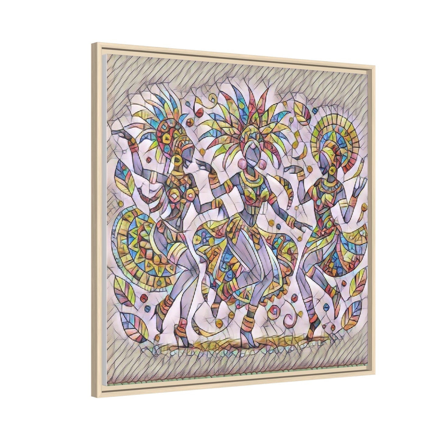 Colorful Carnival Dancers Framed Canvas Art — Multicolor Tribal Celebration Print