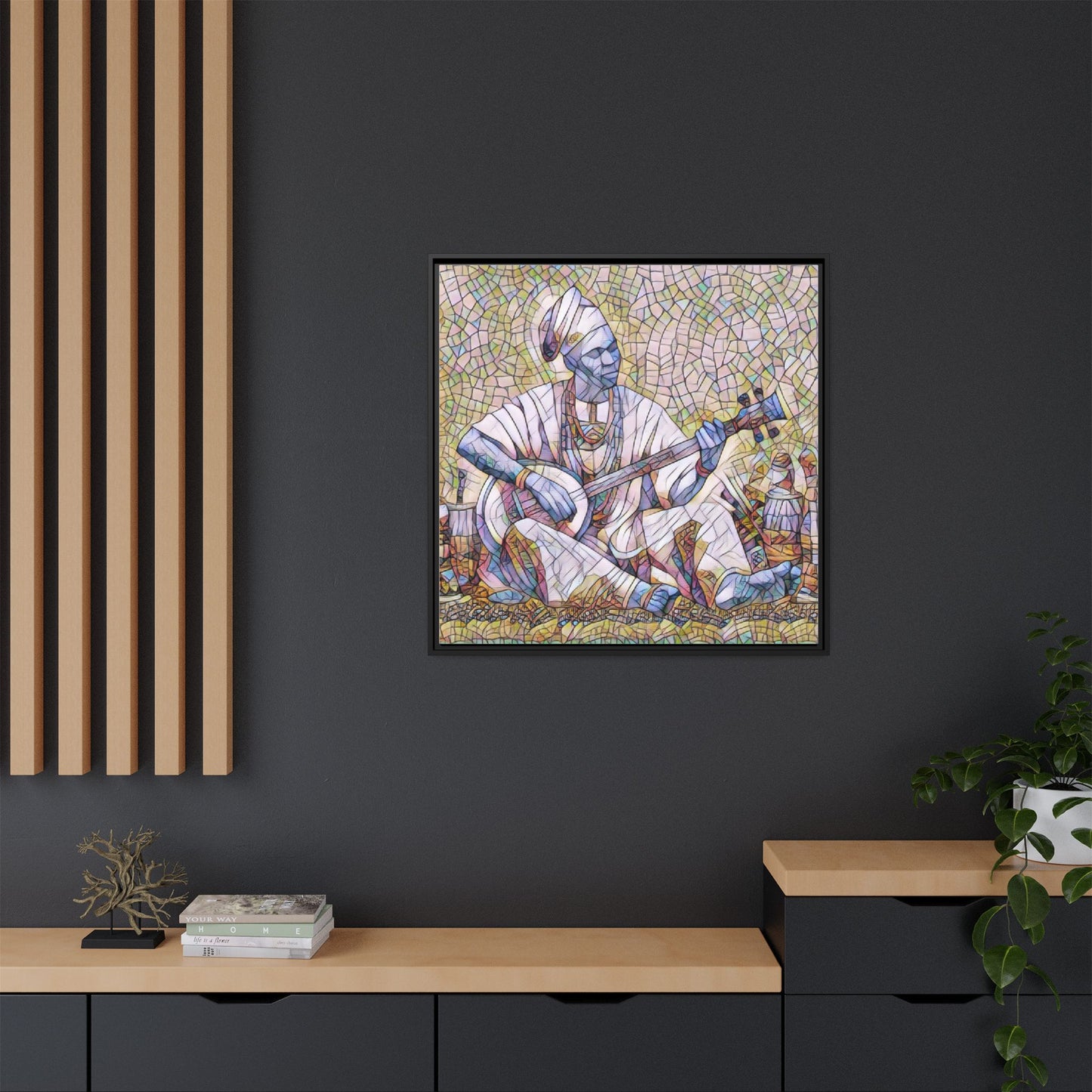 Framed Mosaic Musician Canvas Art — African Griot with Kora
