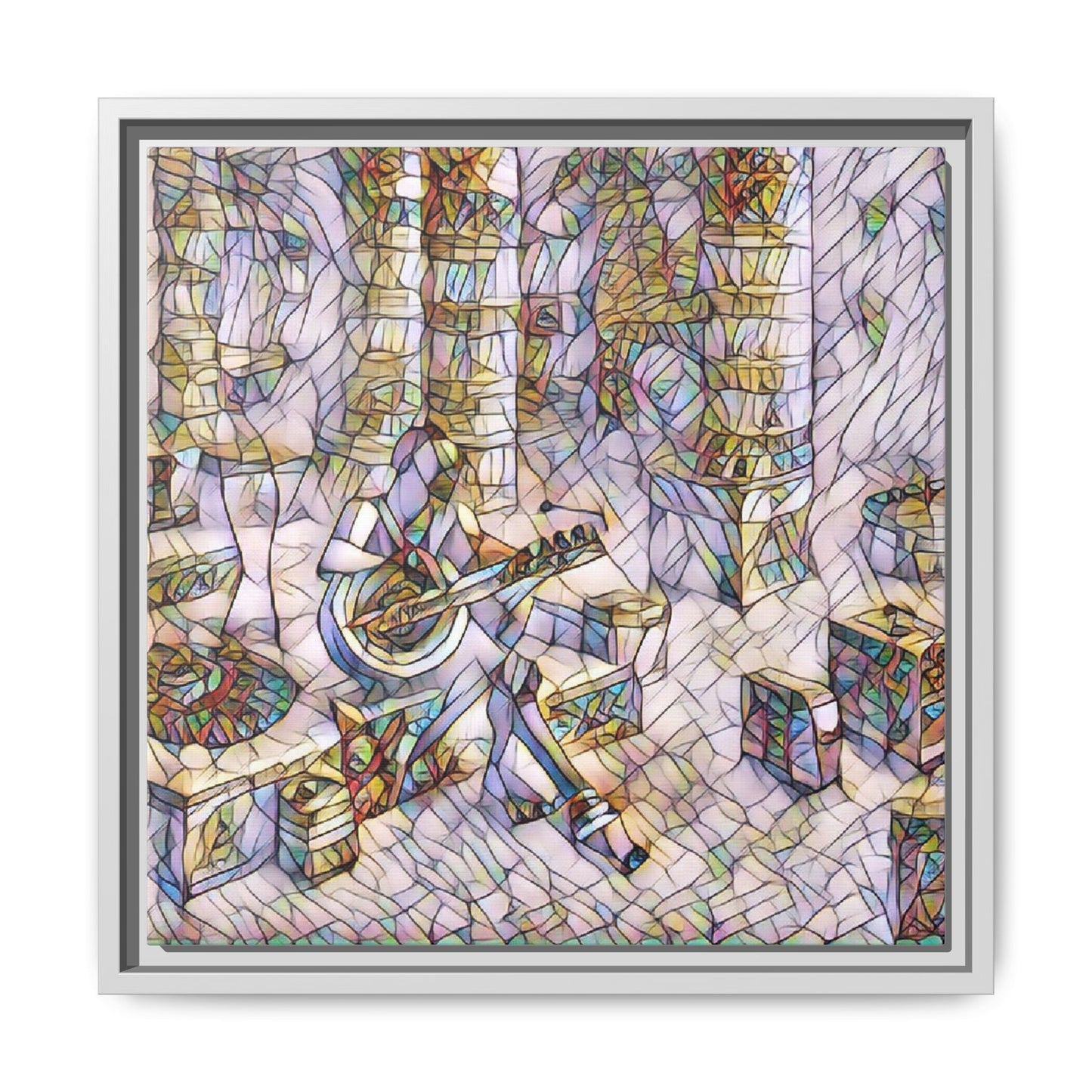 Framed Matte Canvas Art - Abstract Guitarist in Colorful Mosaic
