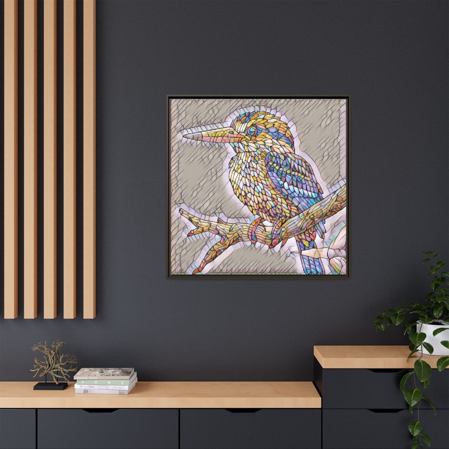 Colorful Kingfisher Framed Canvas Wall Art — Stained-Glass Style Bird Print