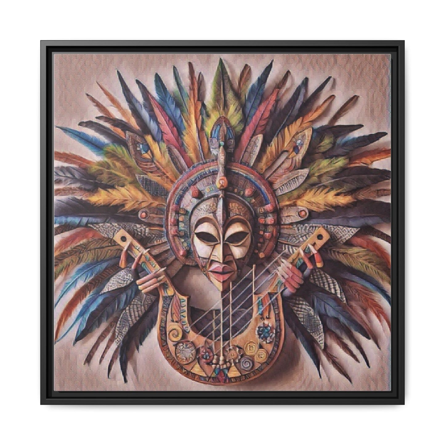 Tribal Feather Mask Guitar Framed Canvas Art — Colorful Boho Wall Decor