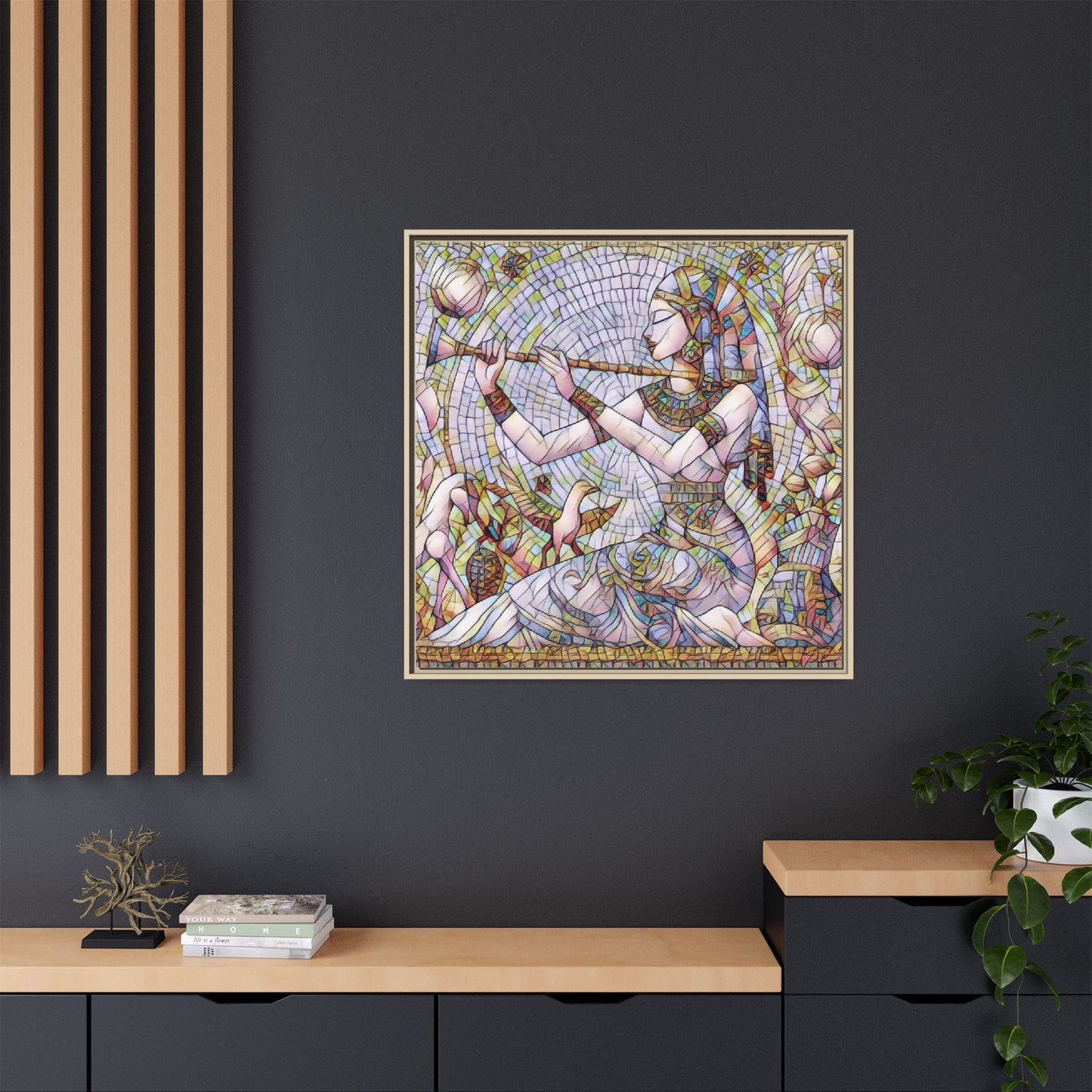Egyptian Flute Player Framed Canvas Art — Colorful Mosaic Wall Decor