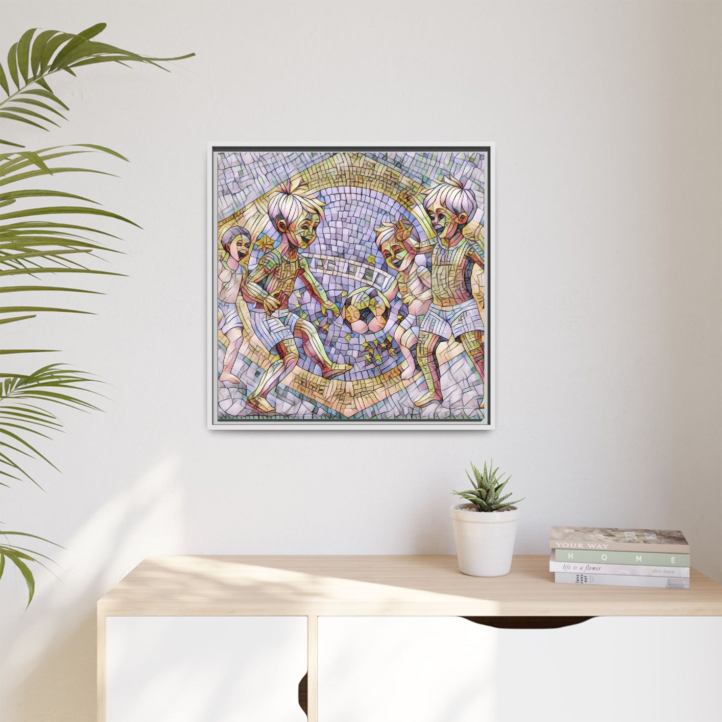 Framed Matte Canvas – Vintage Mosaic Kids Playing Soccer Art