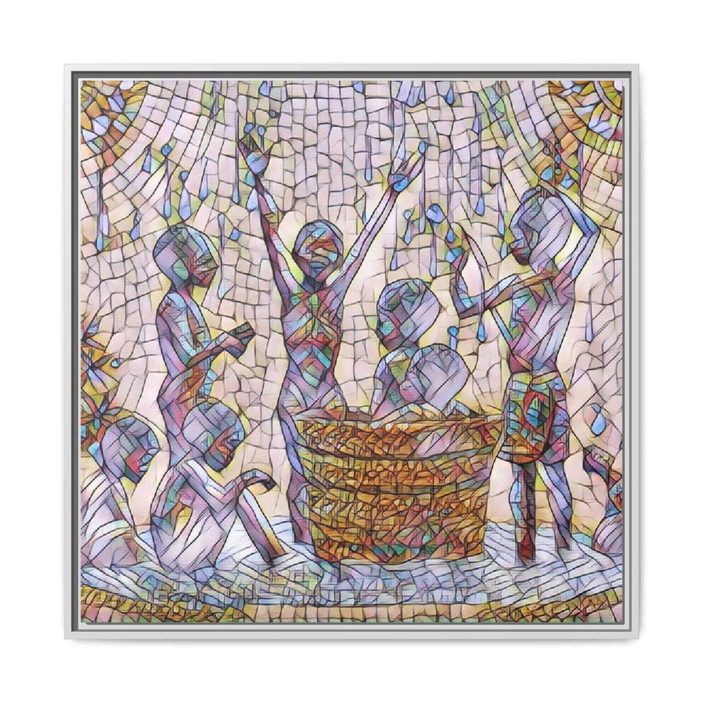 Framed Matte Canvas Art — Children Playing Mosaic Illustration