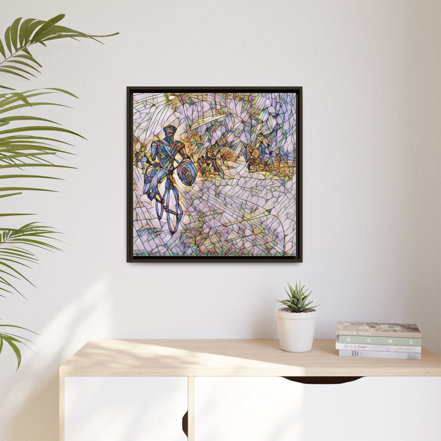 Cyclist Mosaic Matte Canvas Framed Wall Art — Colorful Biking Scene