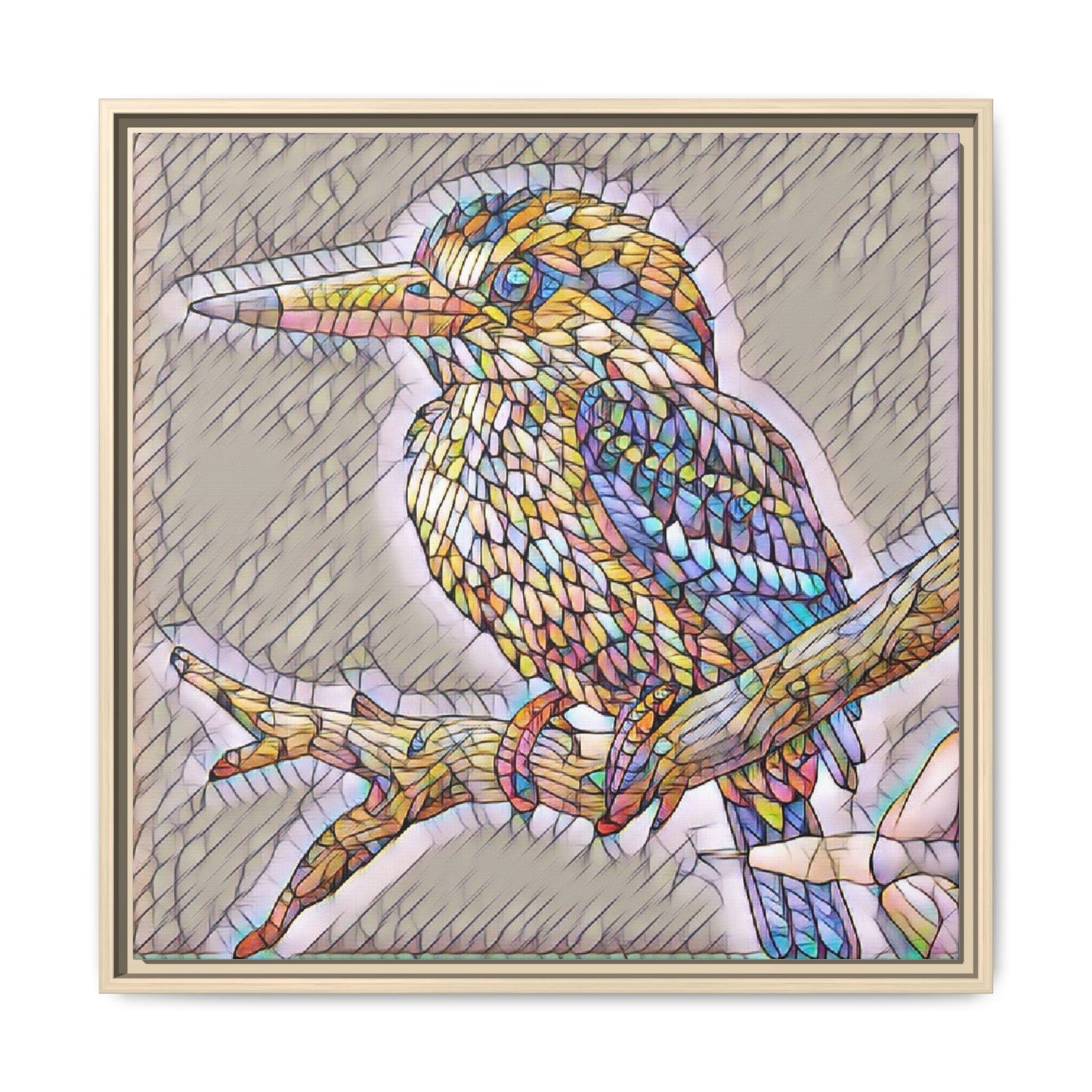 Colorful Kingfisher Framed Canvas Wall Art — Stained-Glass Style Bird Print