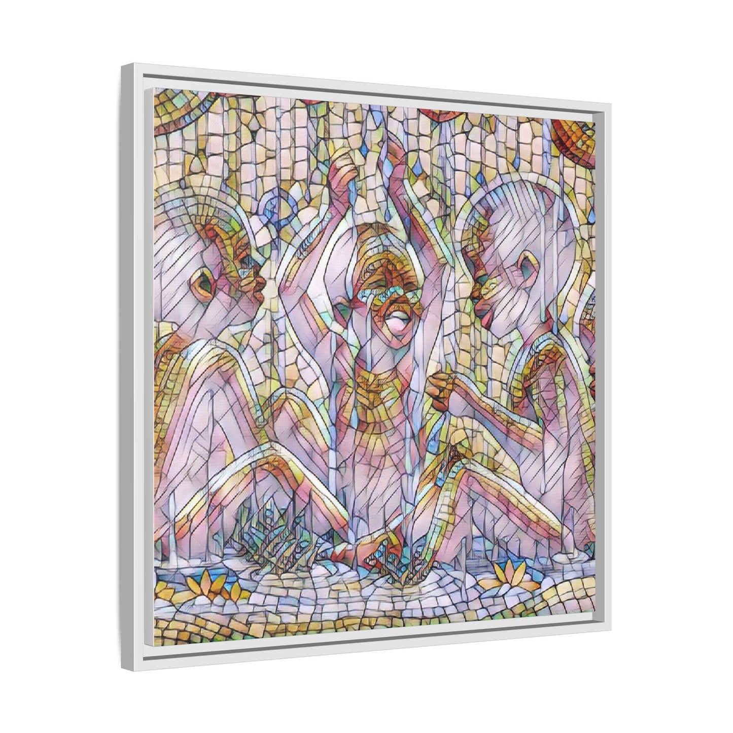 Framed Matte Canvas Art — Mosaic Children Playing (Multicolor)
