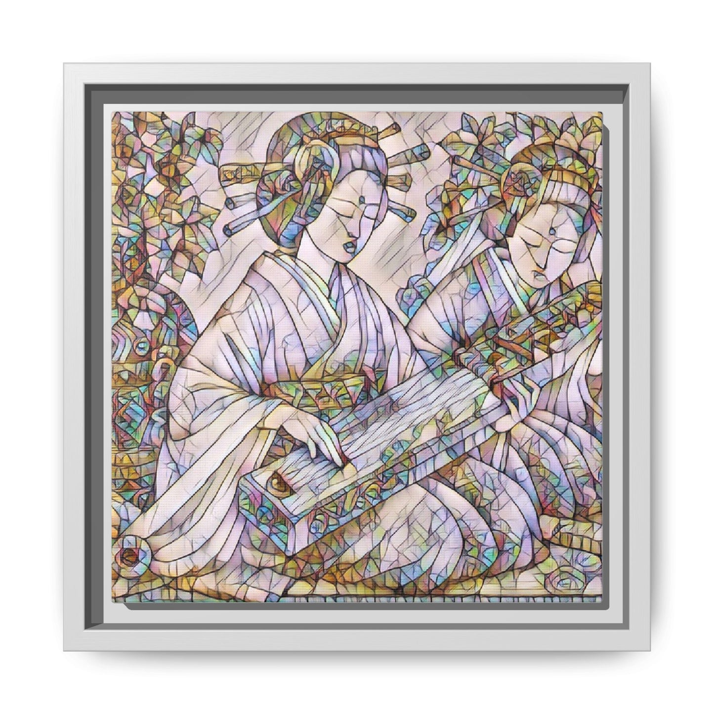 Framed Matte Canvas Print — Stained-Glass Geisha Duo