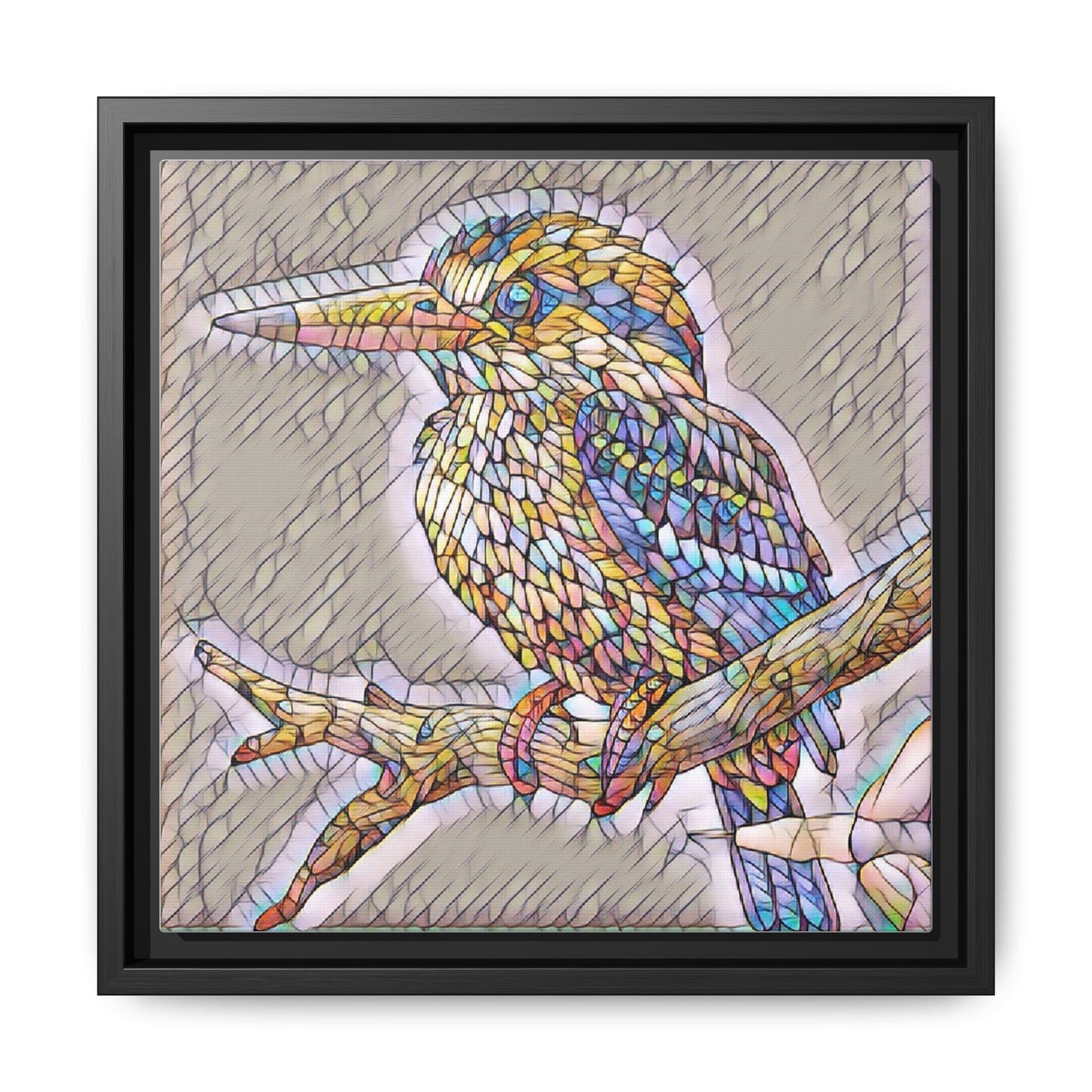 Colorful Kingfisher Framed Canvas Wall Art — Stained-Glass Style Bird Print