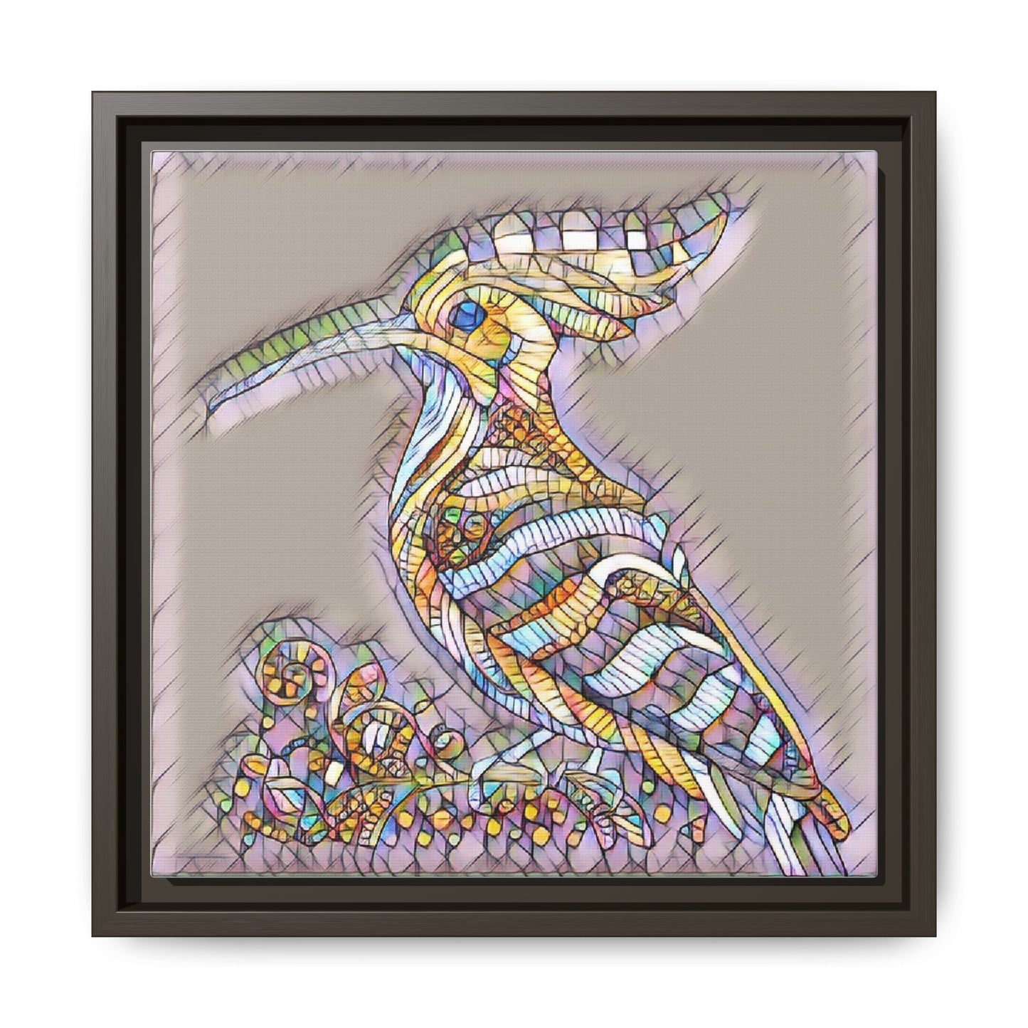 Colorful Mosaic Bird Framed Canvas Art — Whimsical Hoopoe Wall Decor