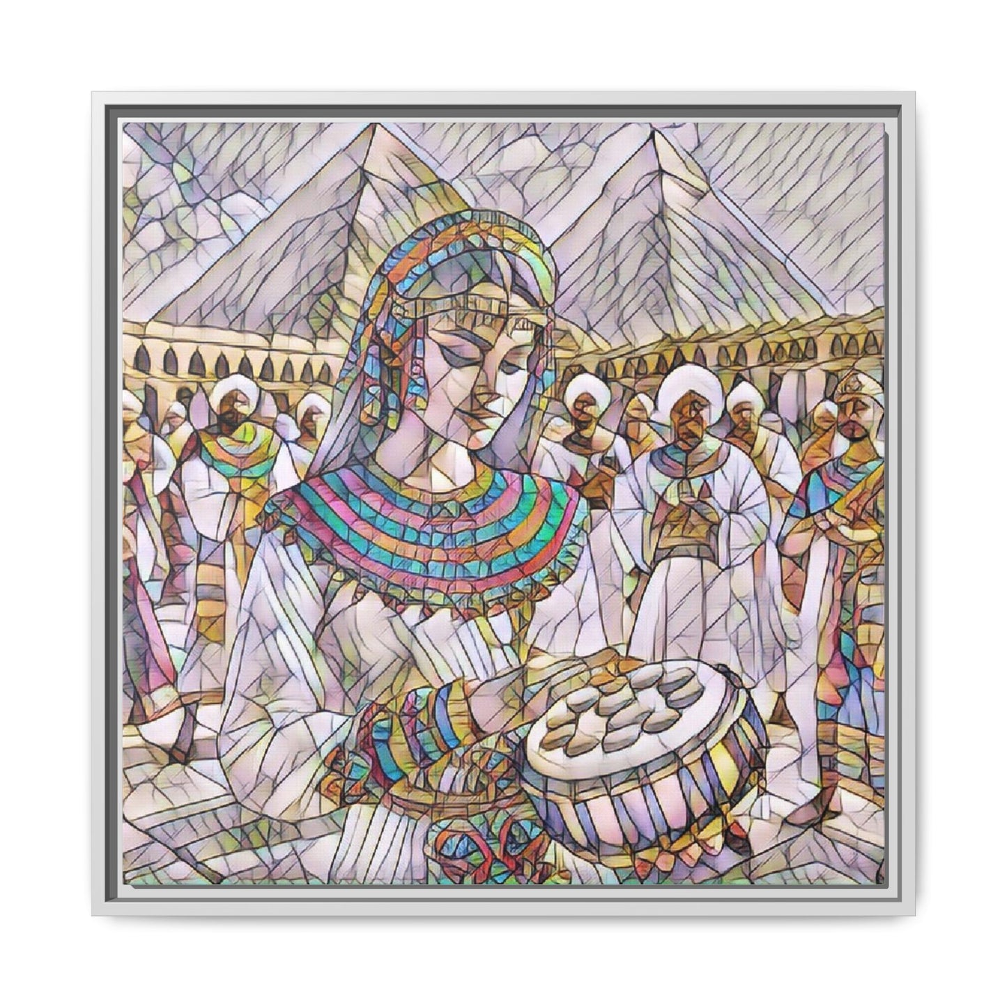 Egyptian Drum Player Framed Canvas Art — Colorful Ancient Scene Wall Decor