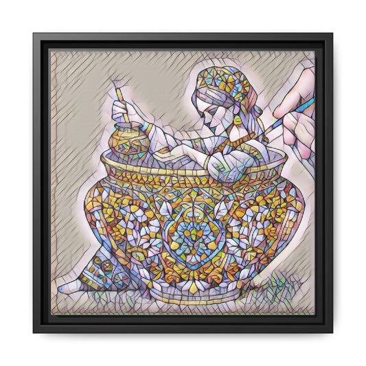 Framed Matte Canvas - Mosaic Pottery Woman Illustration