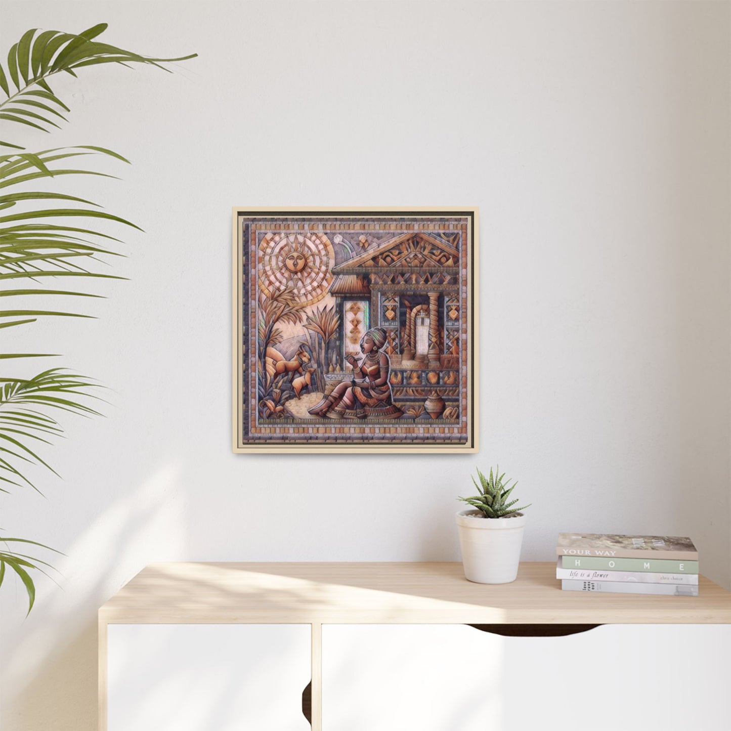 Egyptian Goddess Mosaic Framed Canvas Art — Colorful Ancient Ritual Wall Decor