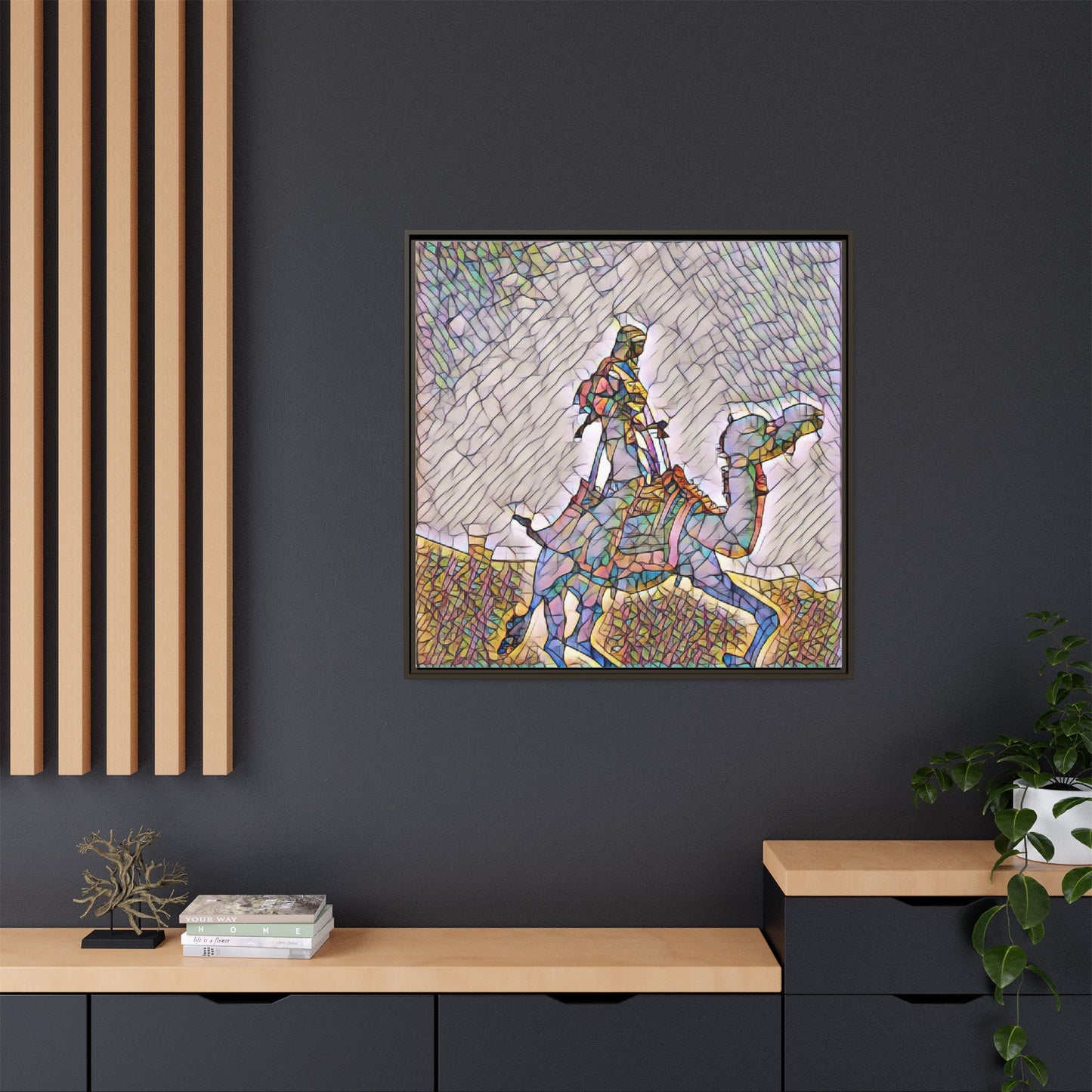 Framed Camel Rider Matte Canvas Art — Colorful Mosaic Desert Wall Decor