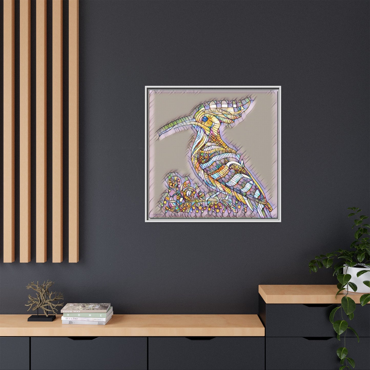 Colorful Mosaic Bird Framed Canvas Art — Whimsical Hoopoe Wall Decor