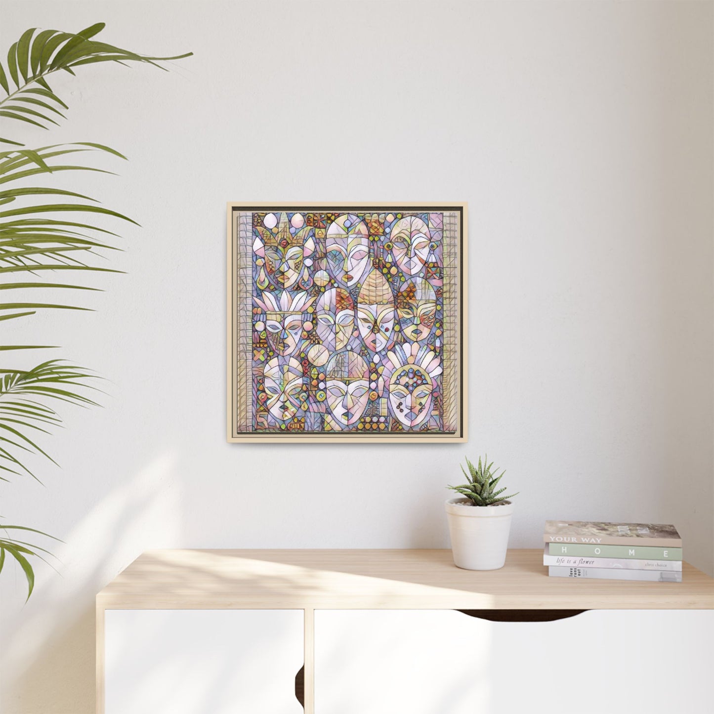 Framed Abstract Mask Art Canvas — Multicolor Stained-Glass Faces Wall Decor