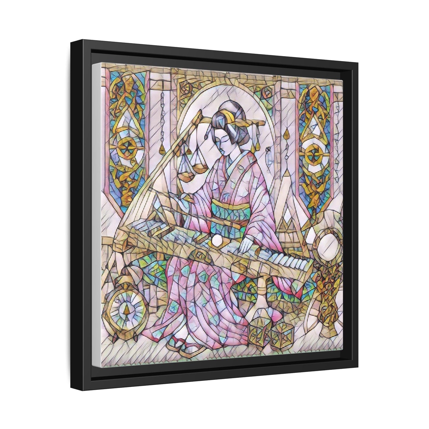 Framed Matte Canvas — Geisha Harp Stained-Glass Art Print