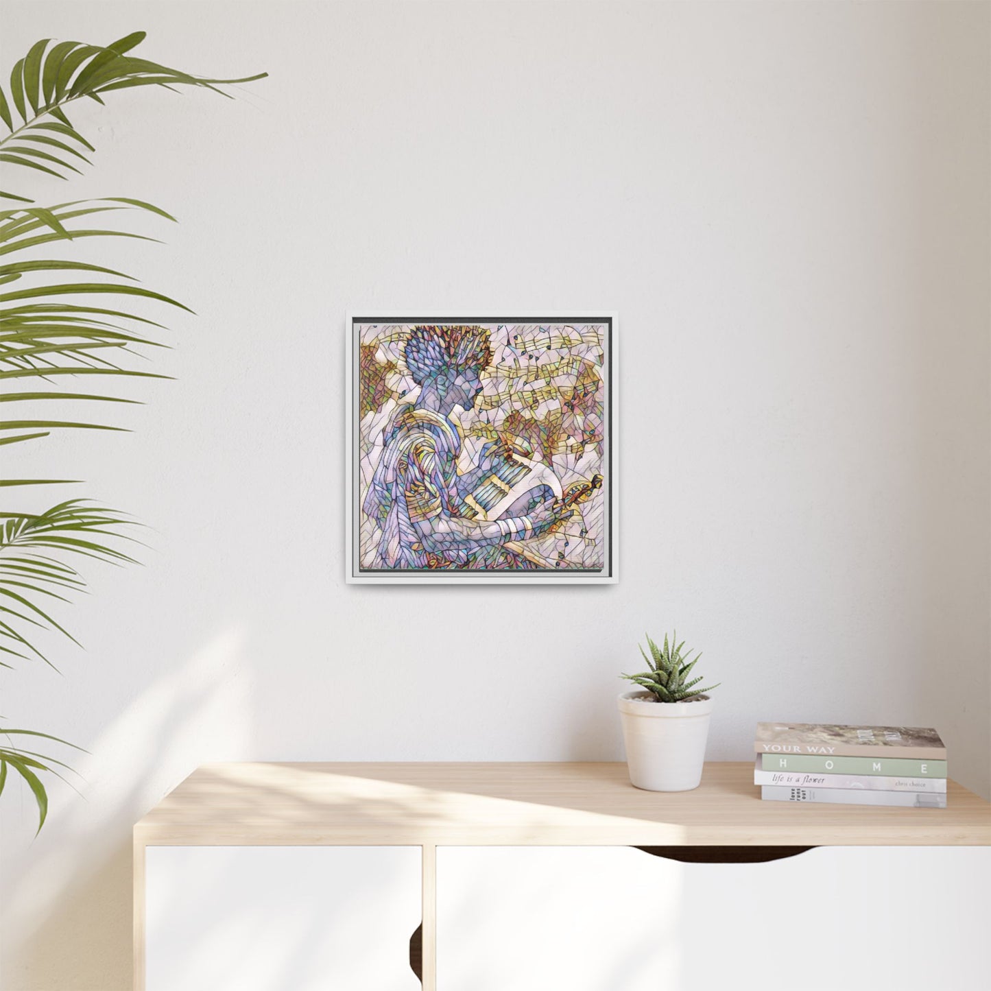 Abstract Jazz Musician Framed Canvas Art — Colorful Stained-Glass Style Wall Decor